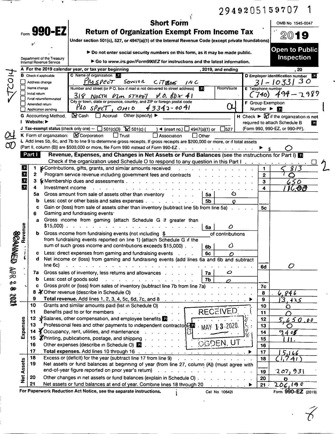 Image of first page of 2019 Form 990EO for Prospect Senior Citizens