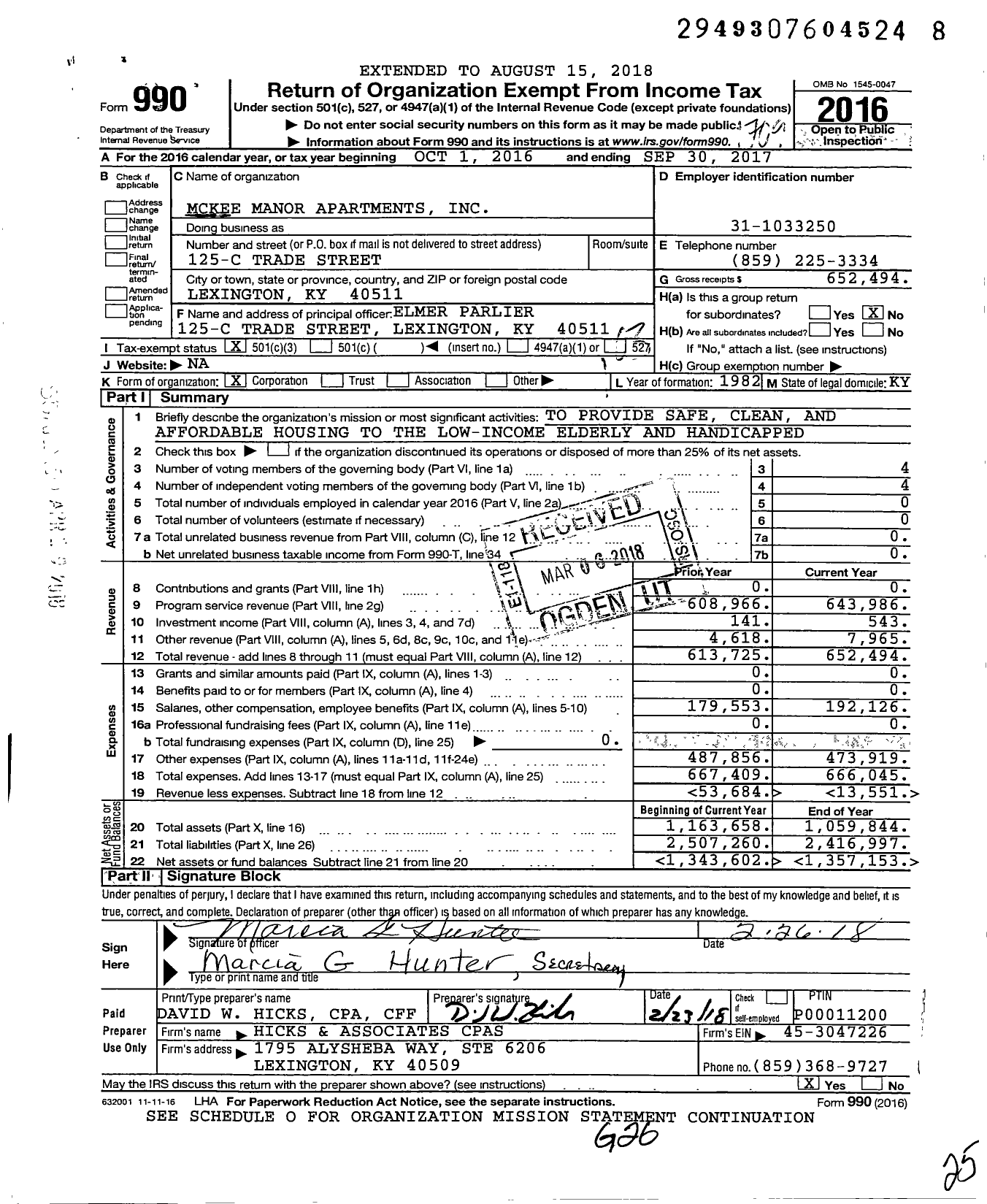 Image of first page of 2016 Form 990 for Mckee Manor Apartments