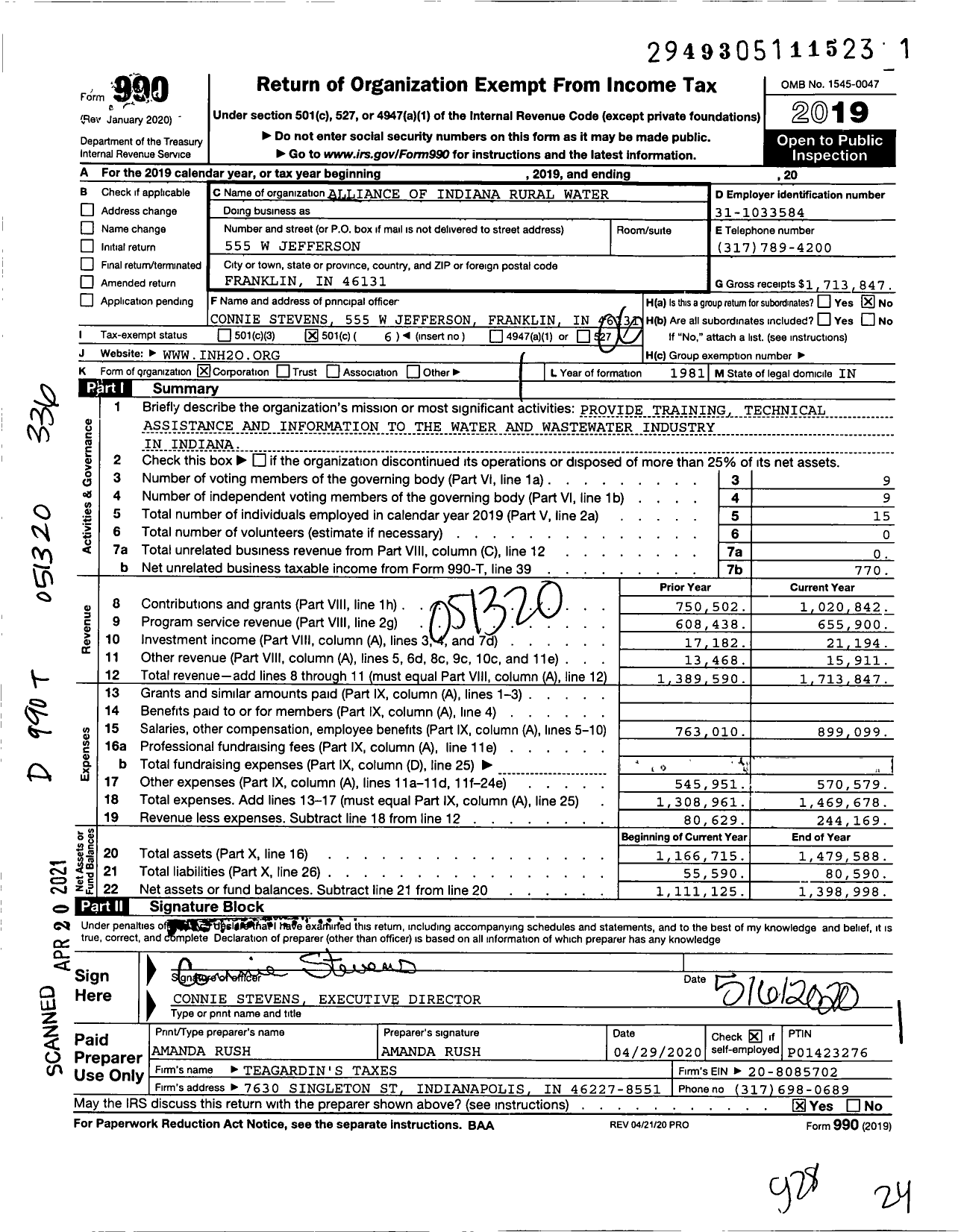 Image of first page of 2019 Form 990O for Alliance of Indiana Rural Water