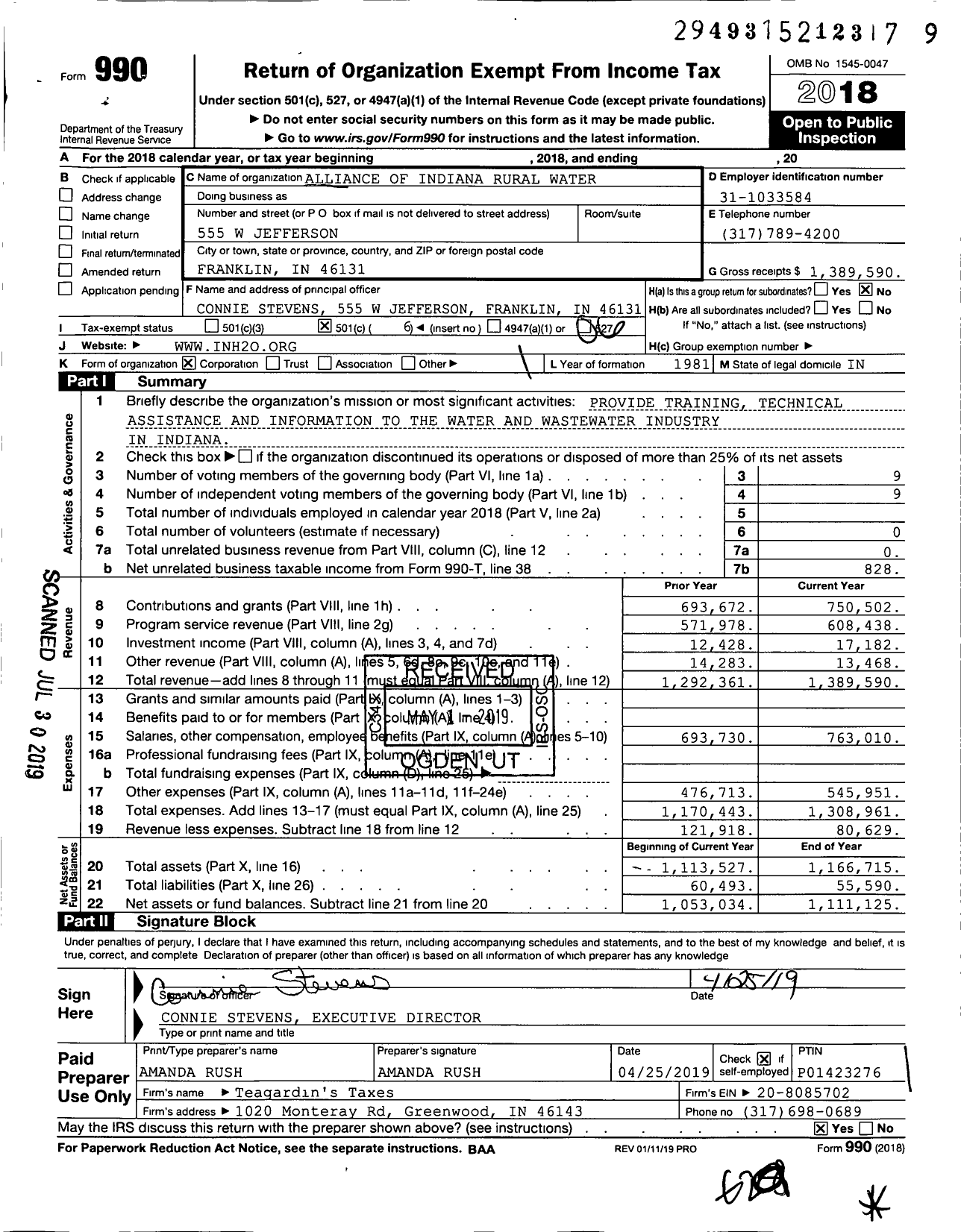 Image of first page of 2018 Form 990O for Alliance of Indiana Rural Water