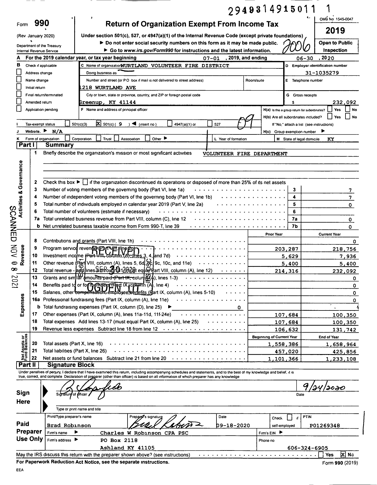 Image of first page of 2019 Form 990O for Wurtland Volunteer Fire District