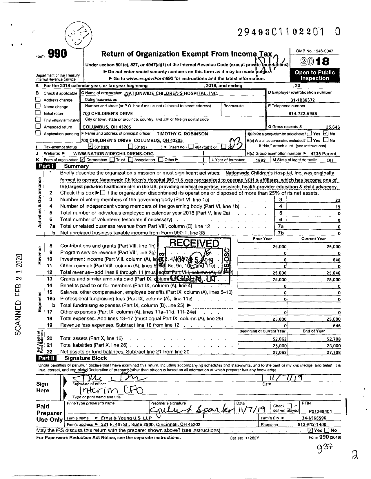 Image of first page of 2018 Form 990 for Nationwide Children's Hospital