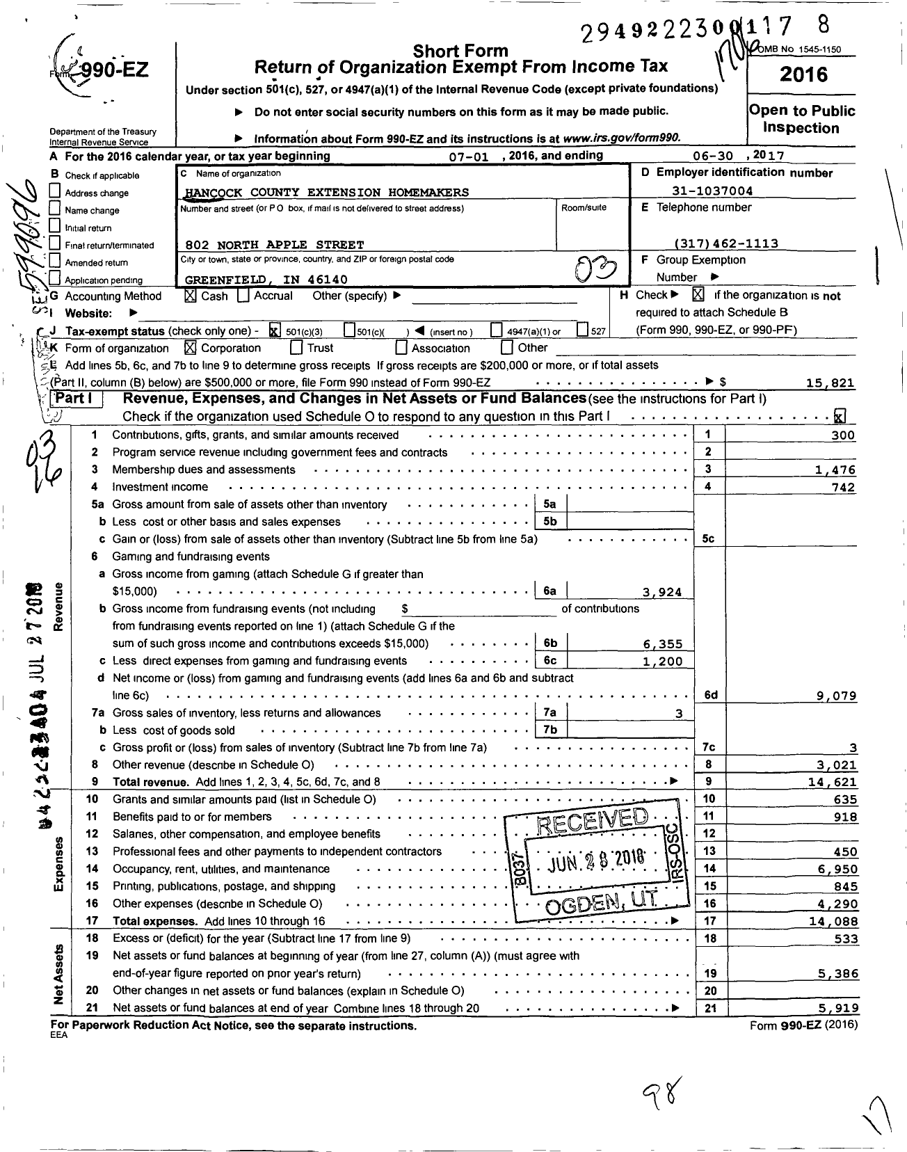 Image of first page of 2016 Form 990EZ for Hancock County Extension Homemakers