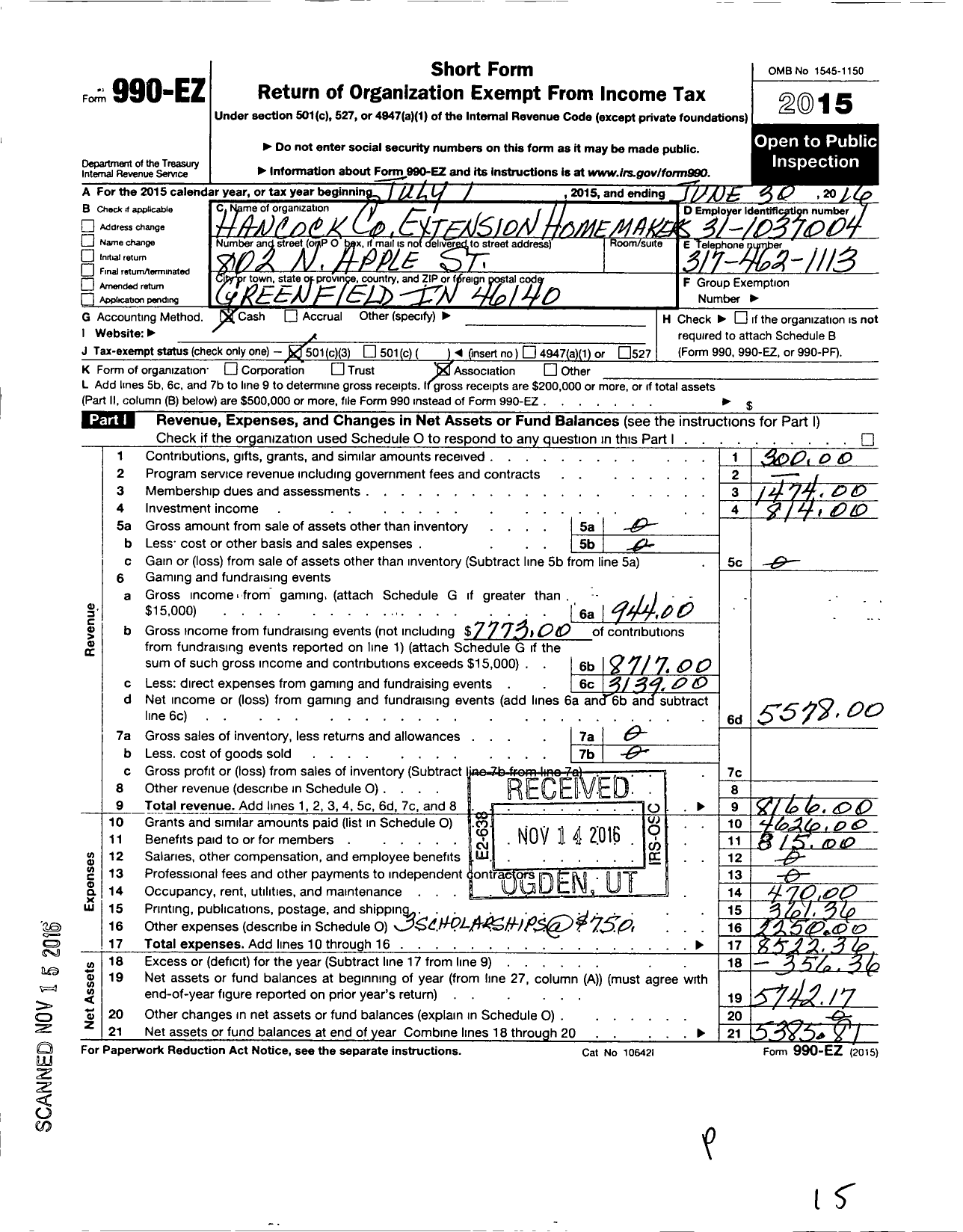 Image of first page of 2015 Form 990EZ for Hancock County Extension Homemakers