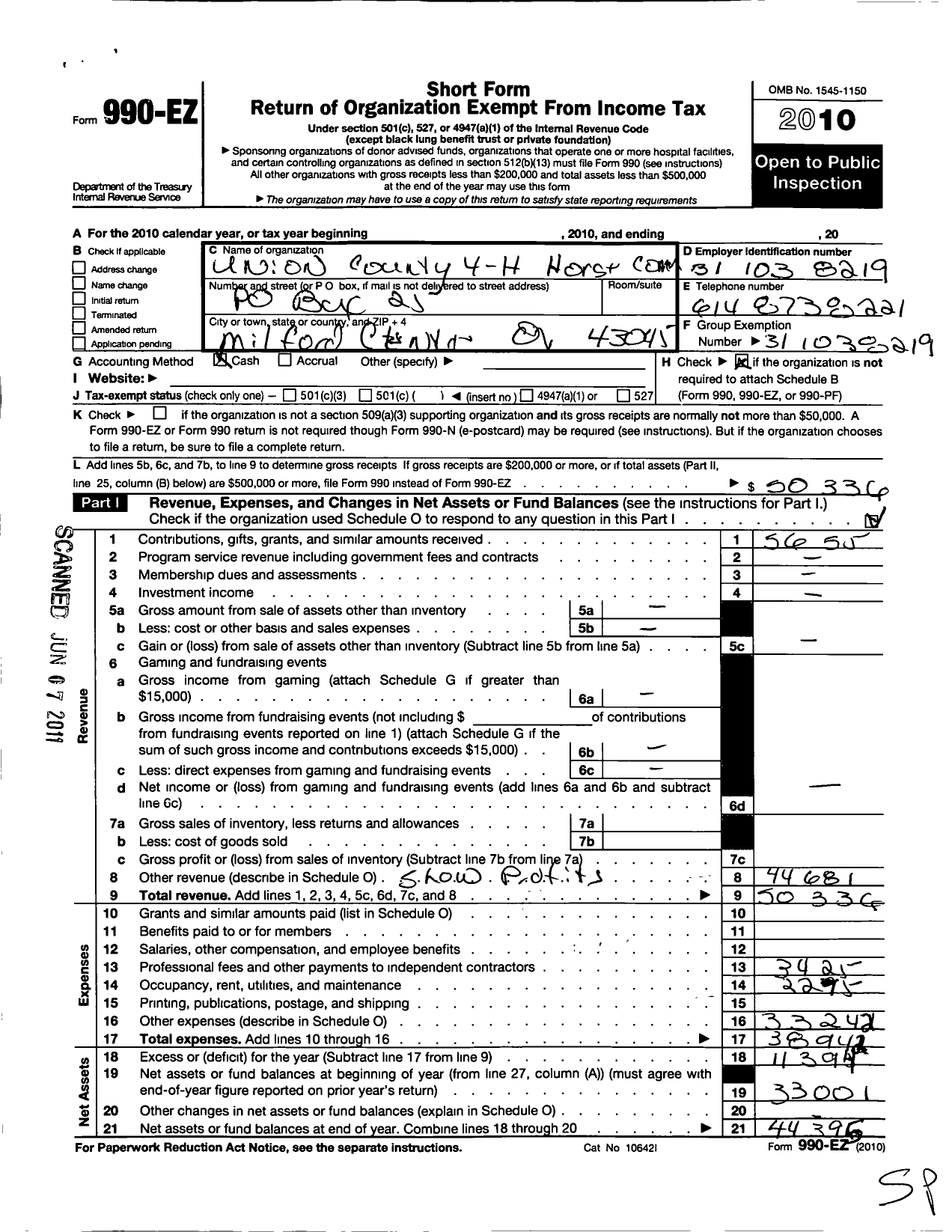 Image of first page of 2010 Form 990EO for Ohio State University / Union County 4-H Horse Council