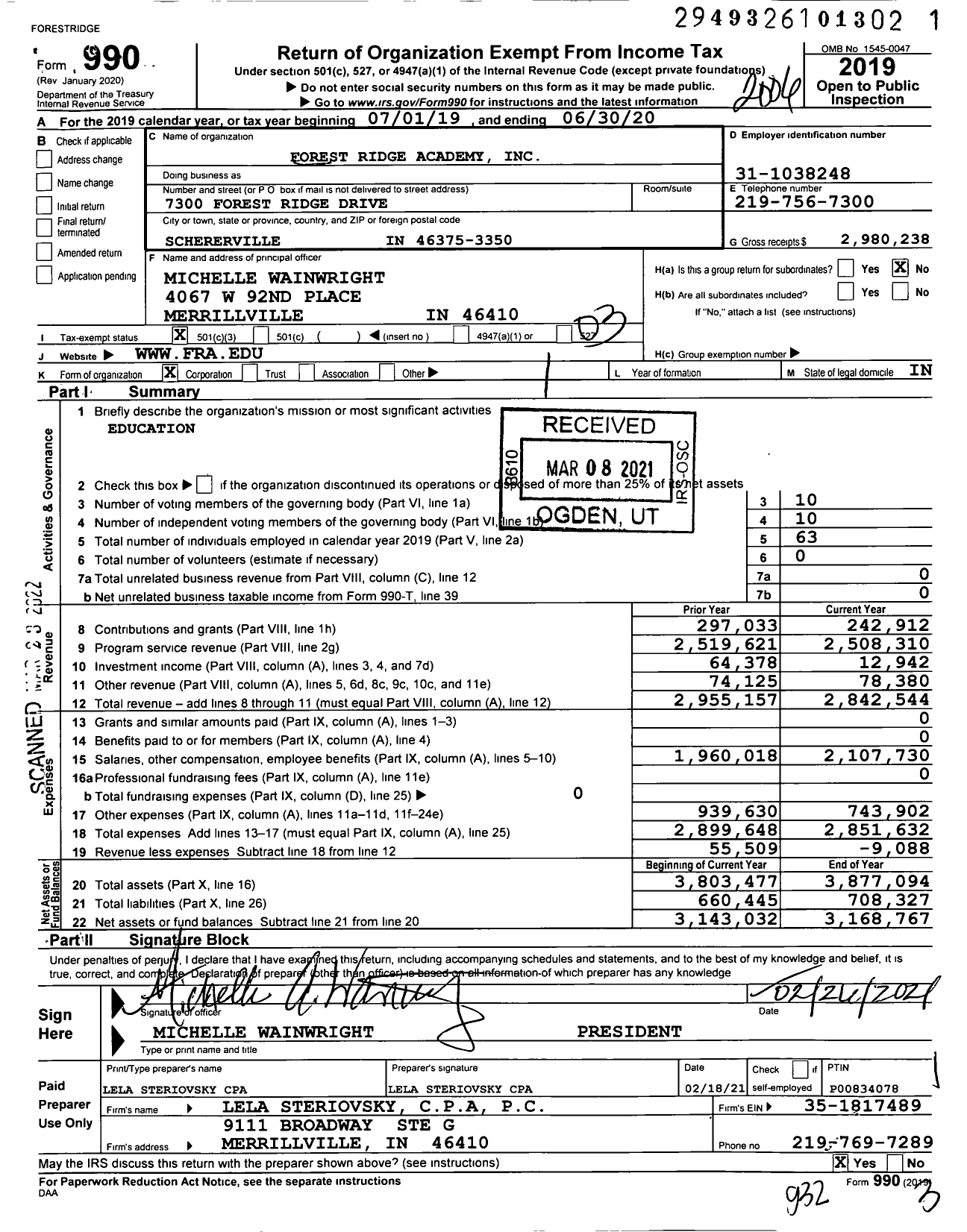 Image of first page of 2019 Form 990 for Forest Ridge Academy (FRA)