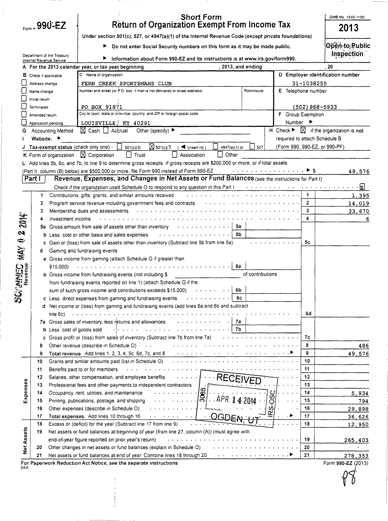 Image of first page of 2013 Form 990EO for Fern Creek Sportsmans Club