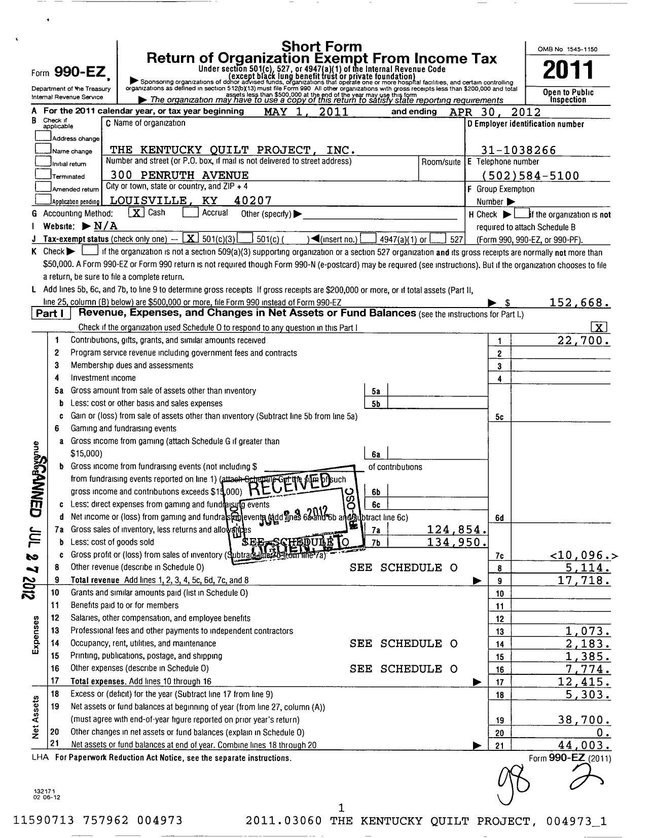 Image of first page of 2011 Form 990EZ for Kentucky Quilt Project