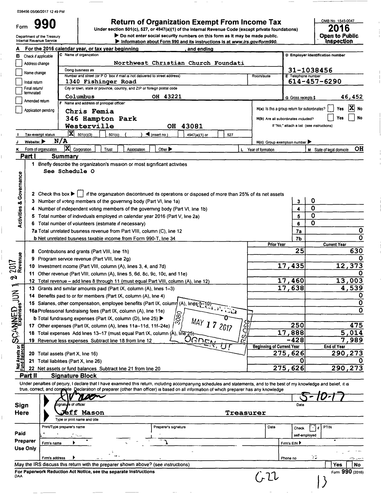 Image of first page of 2016 Form 990 for Northwest Christian Church Foundation