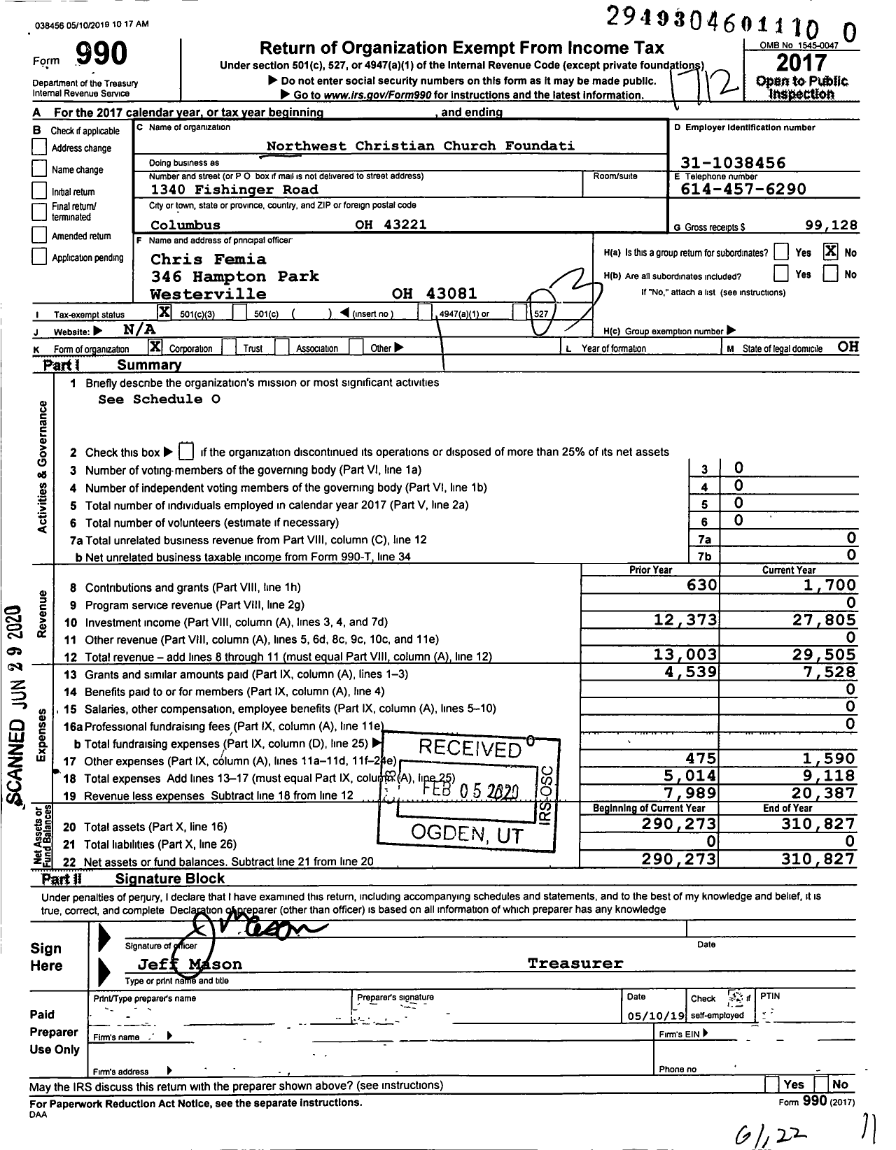 Image of first page of 2017 Form 990 for Northwest Christian Church Foundation