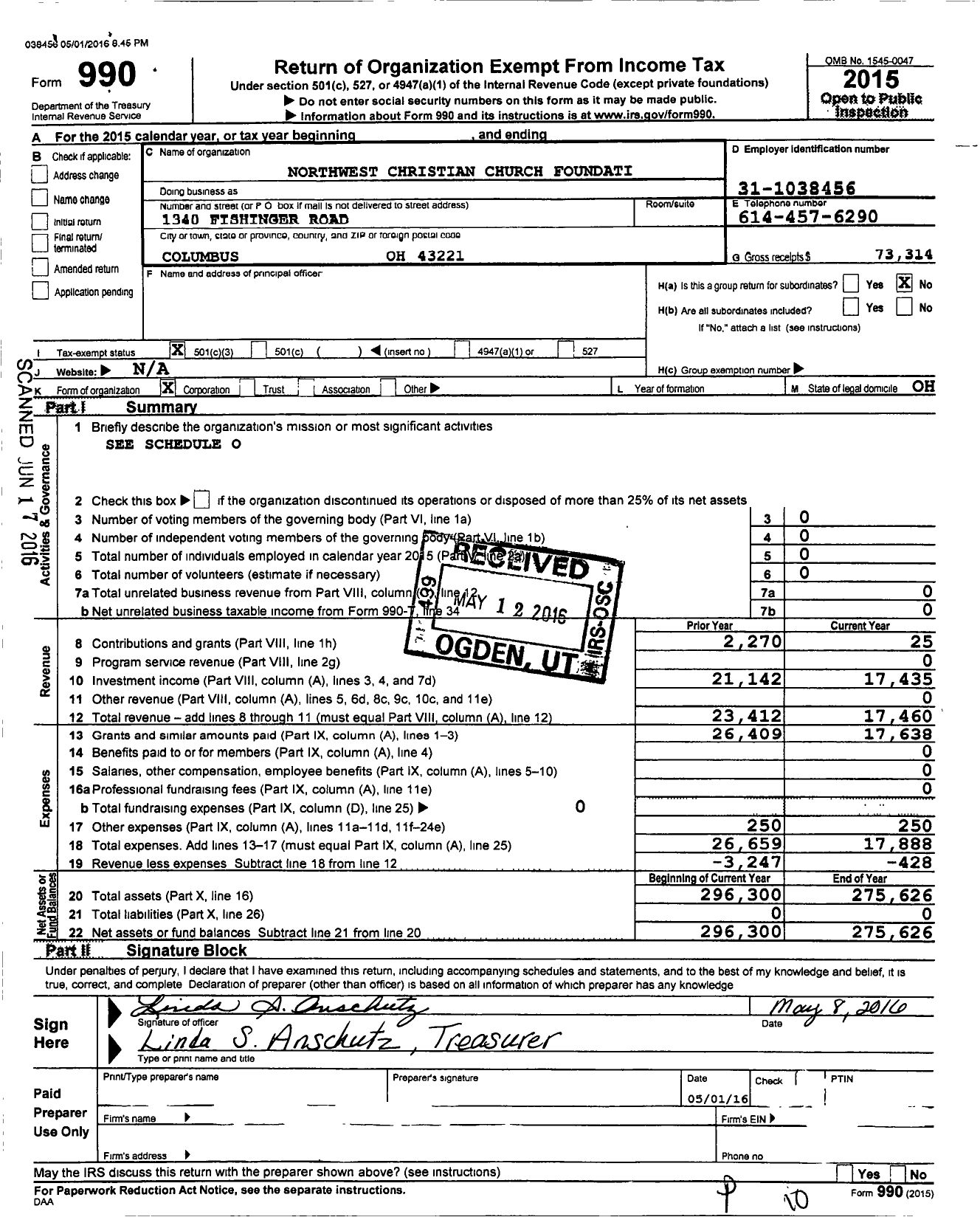 Image of first page of 2015 Form 990 for Northwest Christian Church Foundation