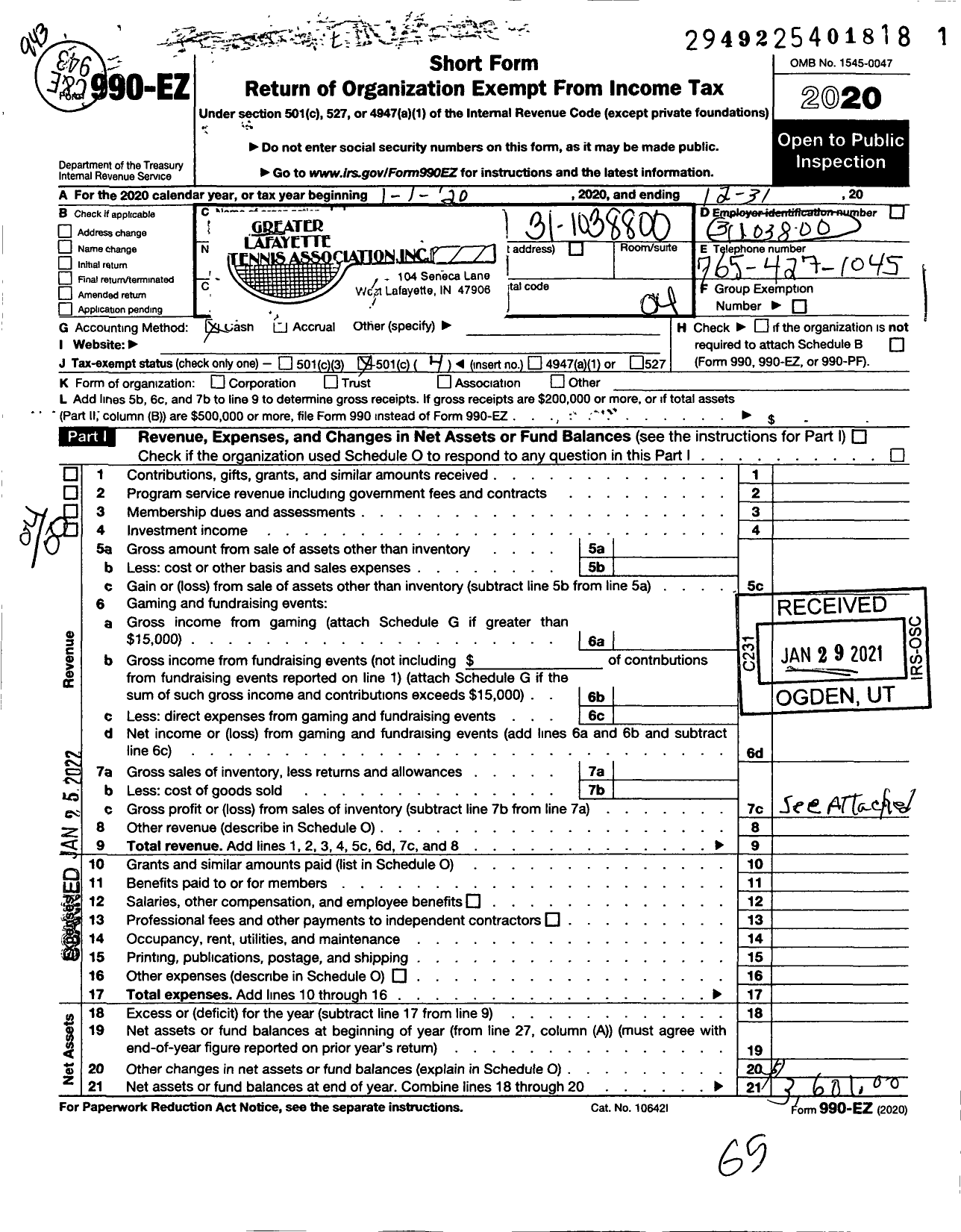 Image of first page of 2020 Form 990EO for Greater Lafayette Tennis Association