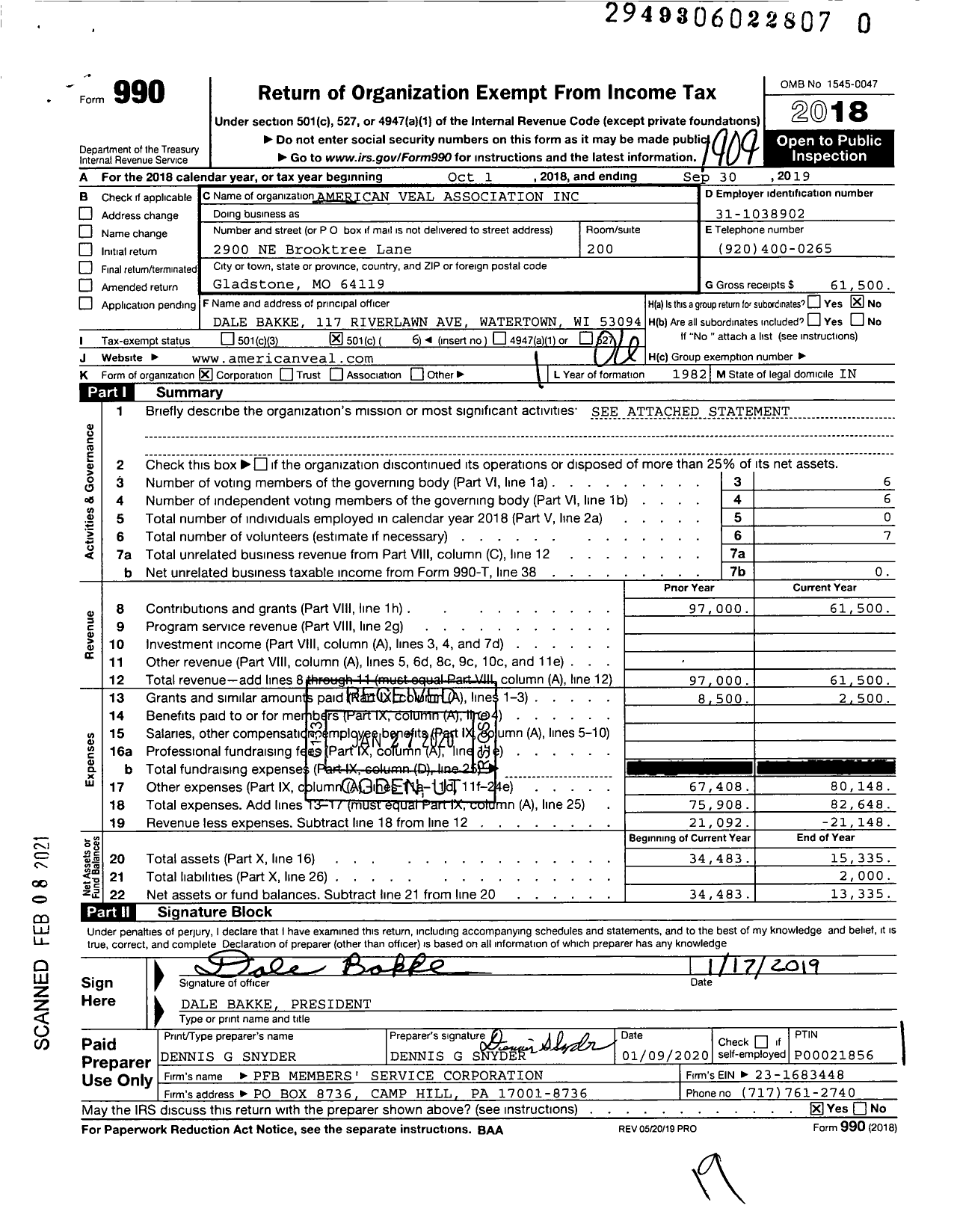 Image of first page of 2018 Form 990O for American Veal Association