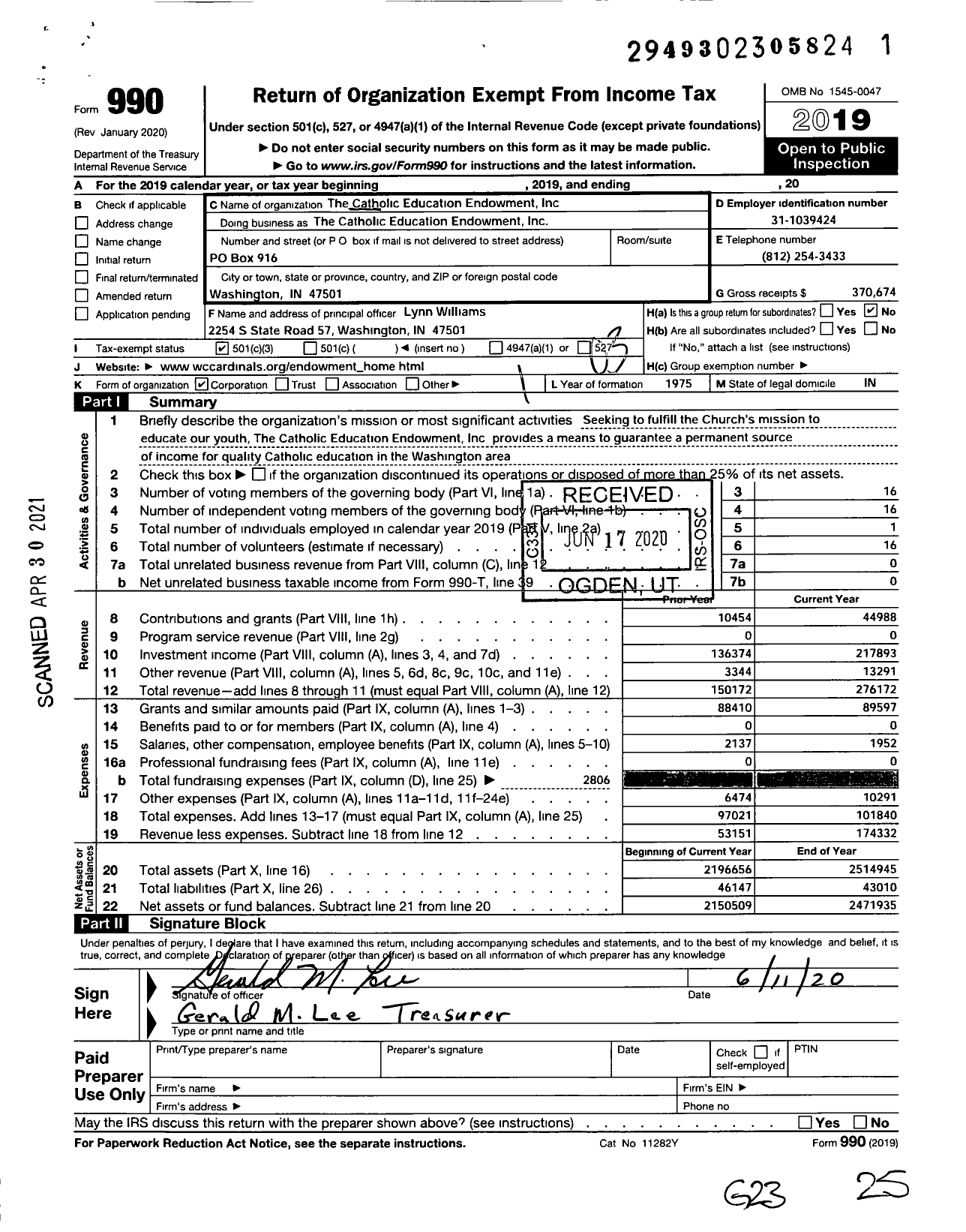 Image of first page of 2019 Form 990 for Catholic Education Endowment