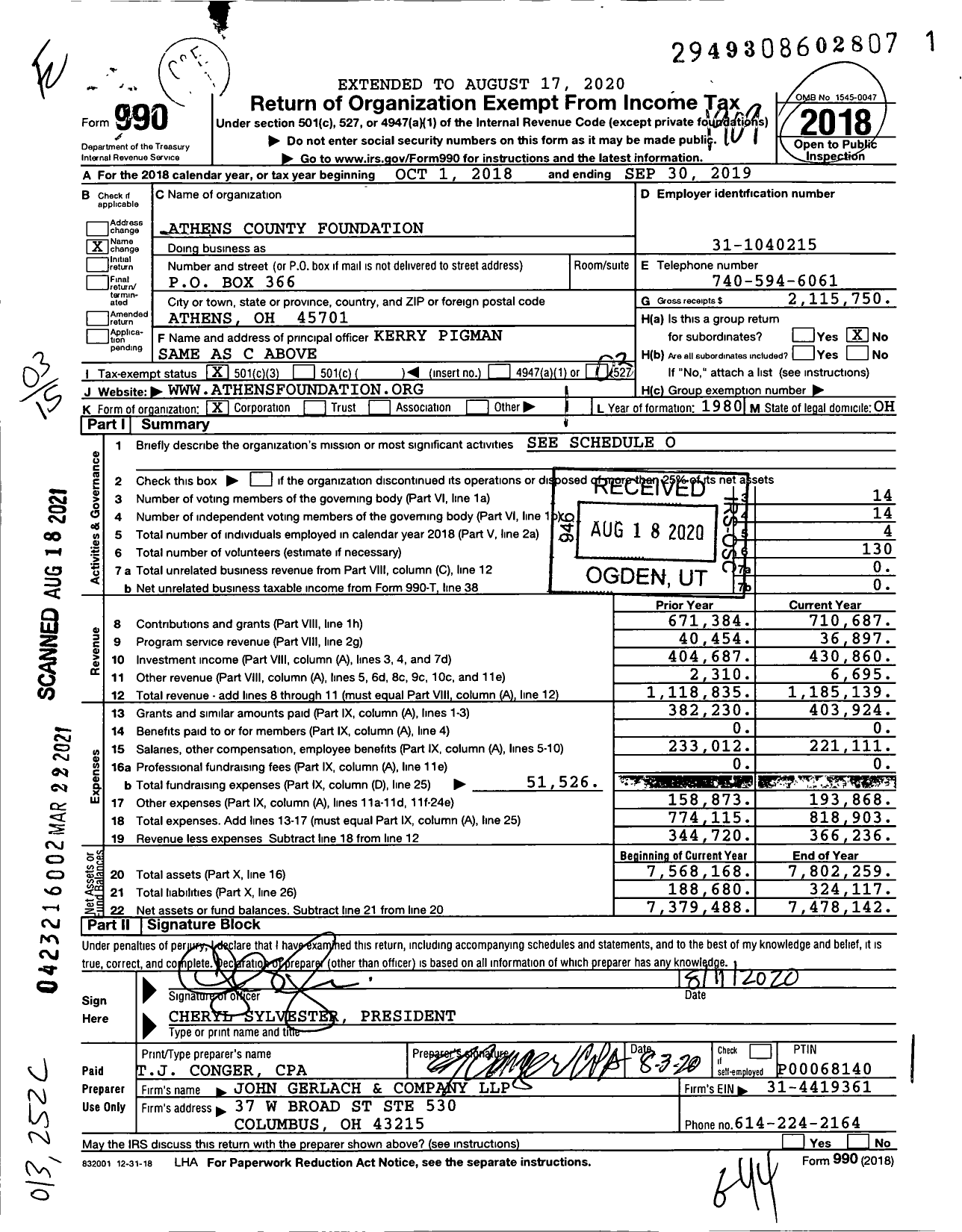 Image of first page of 2018 Form 990 for Athens County Foundation