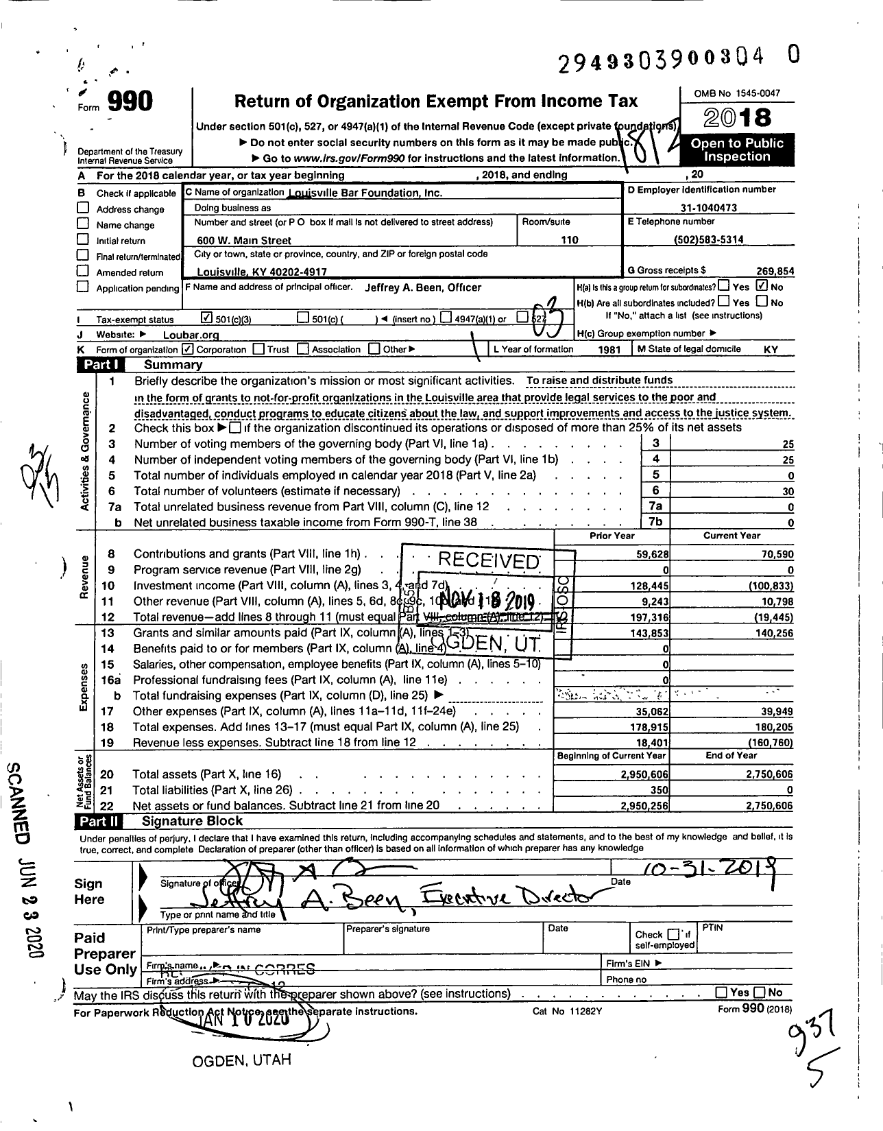 Image of first page of 2018 Form 990 for Louisville Bar Foundation