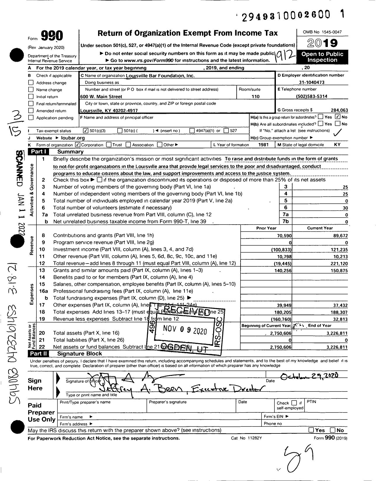 Image of first page of 2019 Form 990 for Louisville Bar Foundation