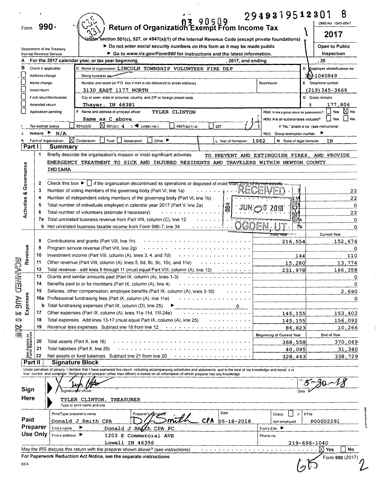 Image of first page of 2017 Form 990O for Lincoln Township Volunteer Fire Department