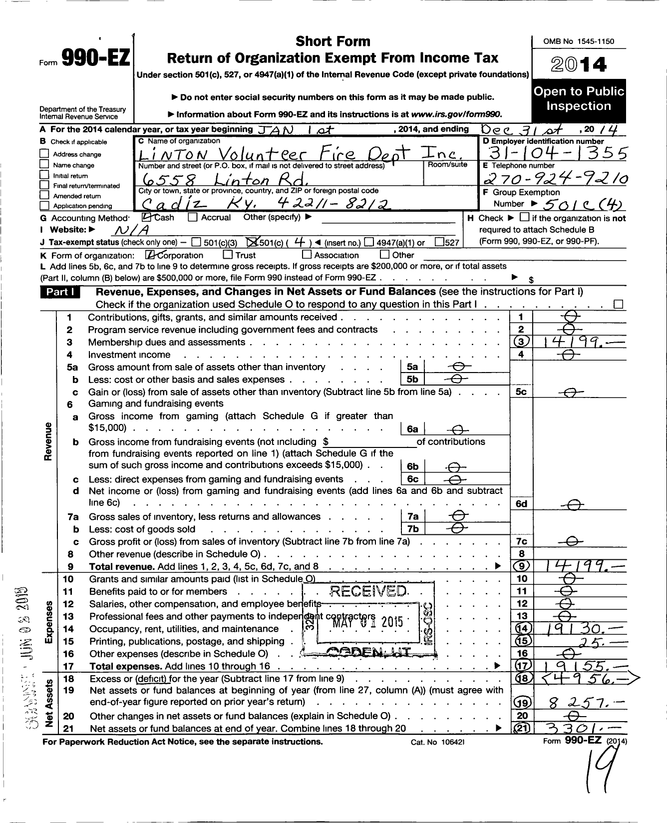 Image of first page of 2014 Form 990EO for Linton Volunteer Fire Dept