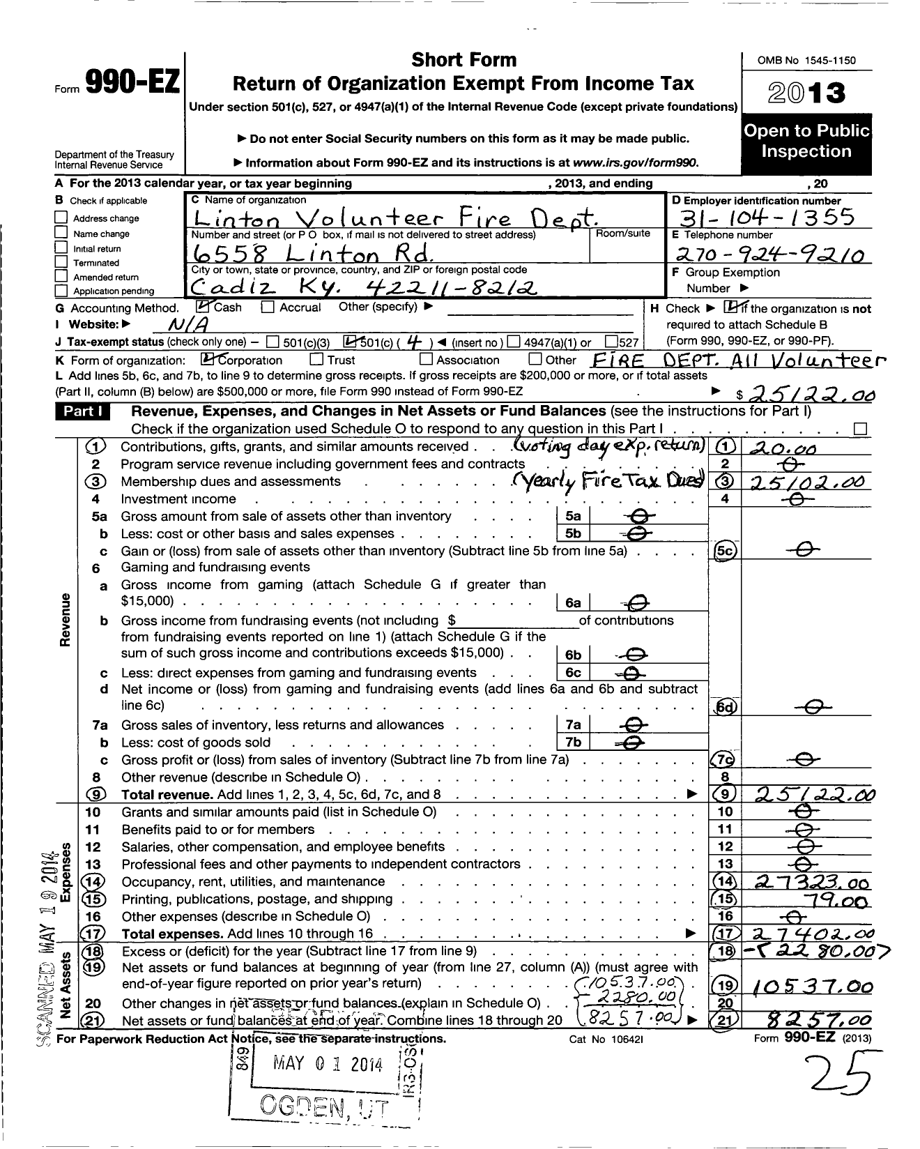 Image of first page of 2013 Form 990EO for Linton Volunteer Fire Dept