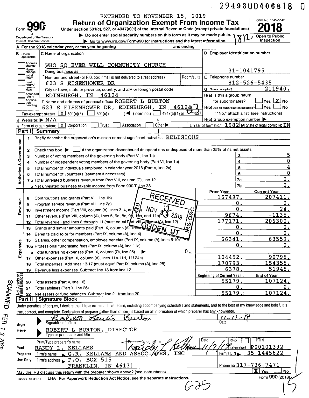 Image of first page of 2018 Form 990 for Who So Ever Will Community Church