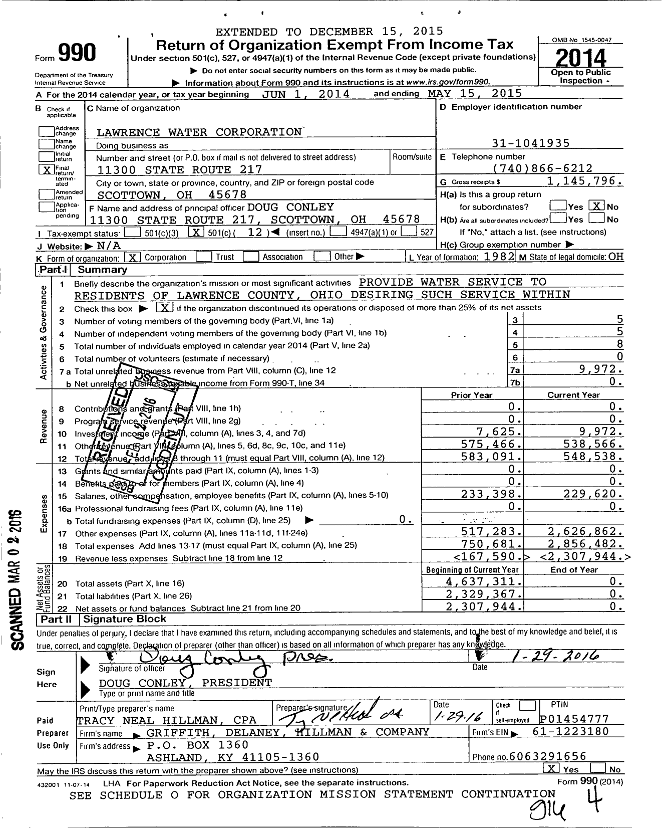 Image of first page of 2014 Form 990O for Lawrence Water Corporation