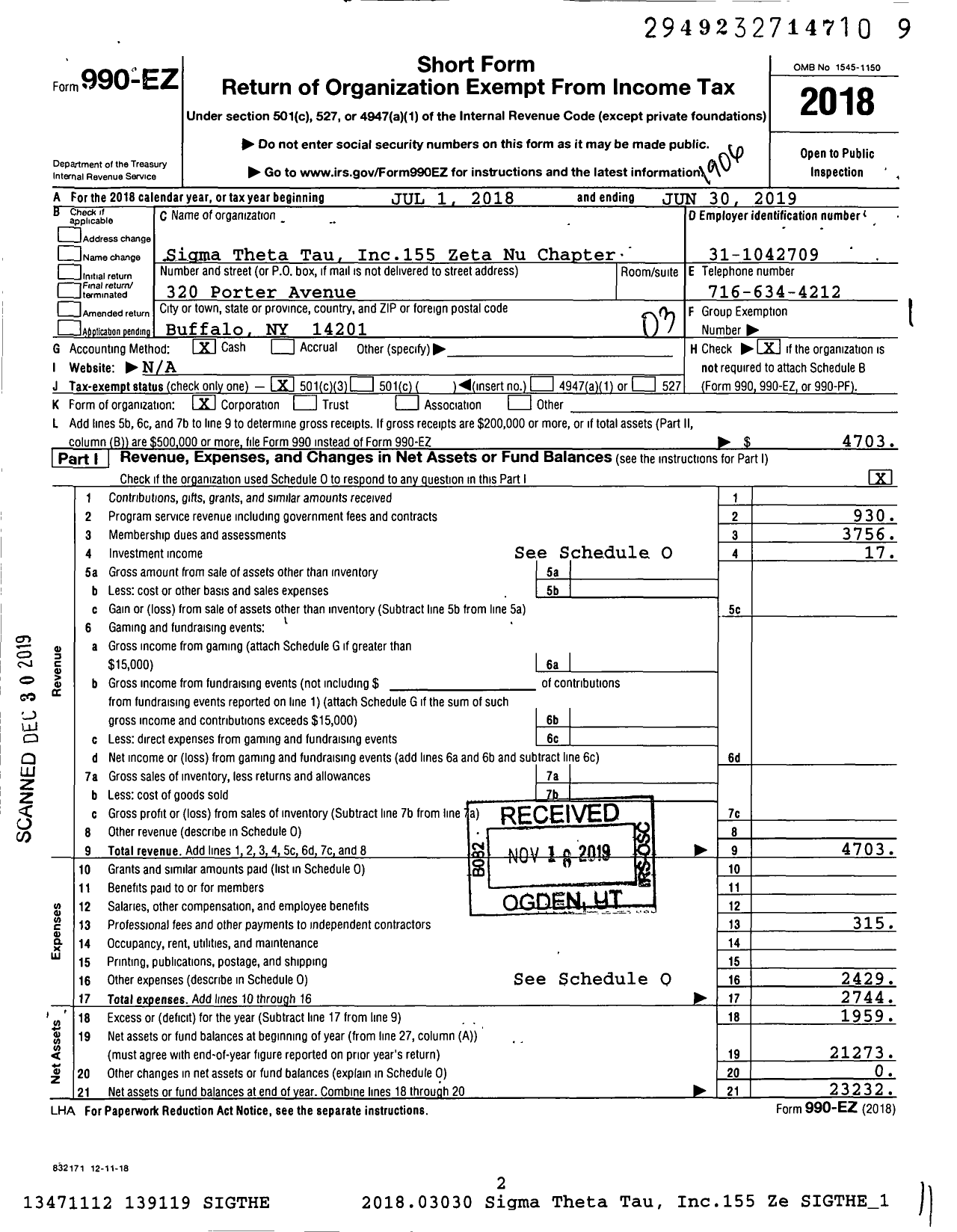 Image of first page of 2018 Form 990EZ for Sigma Theta Tau - 155 Zeta Nu Chapter