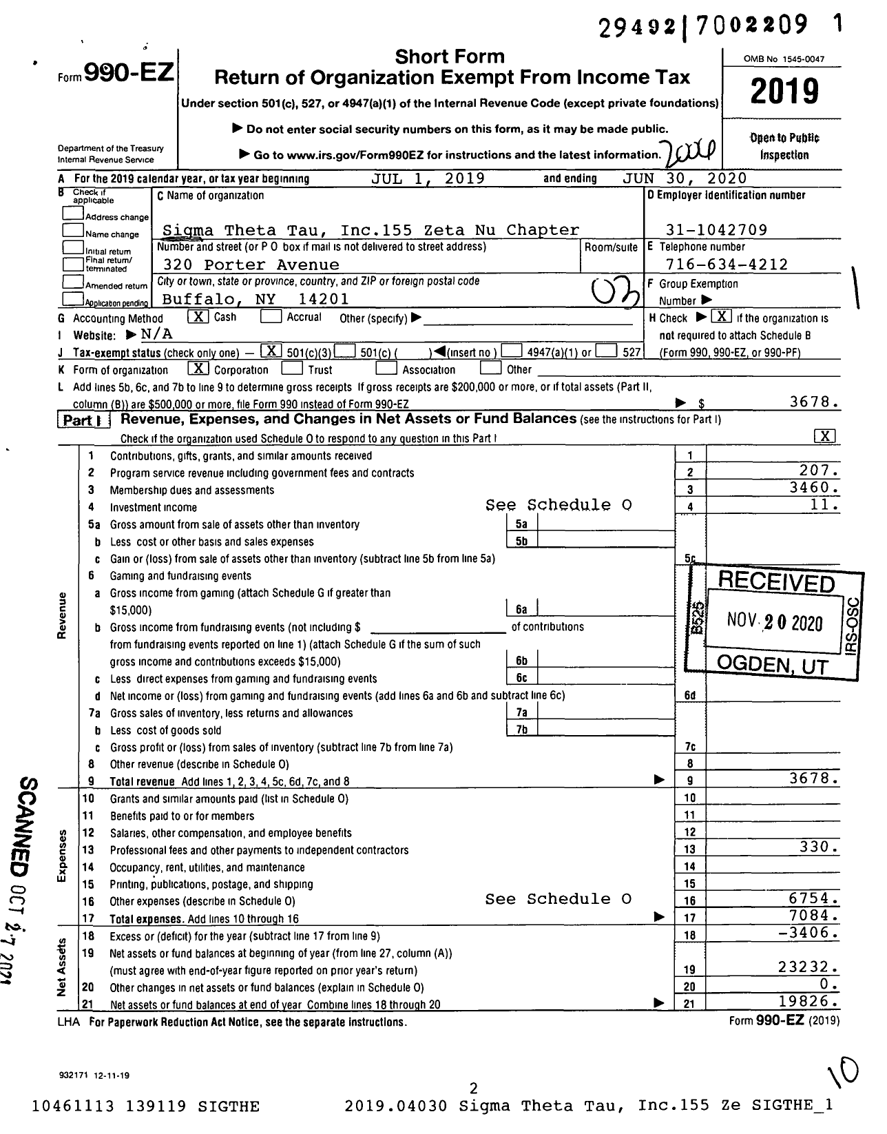 Image of first page of 2019 Form 990EZ for Sigma Theta Tau - 155 Zeta Nu Chapter