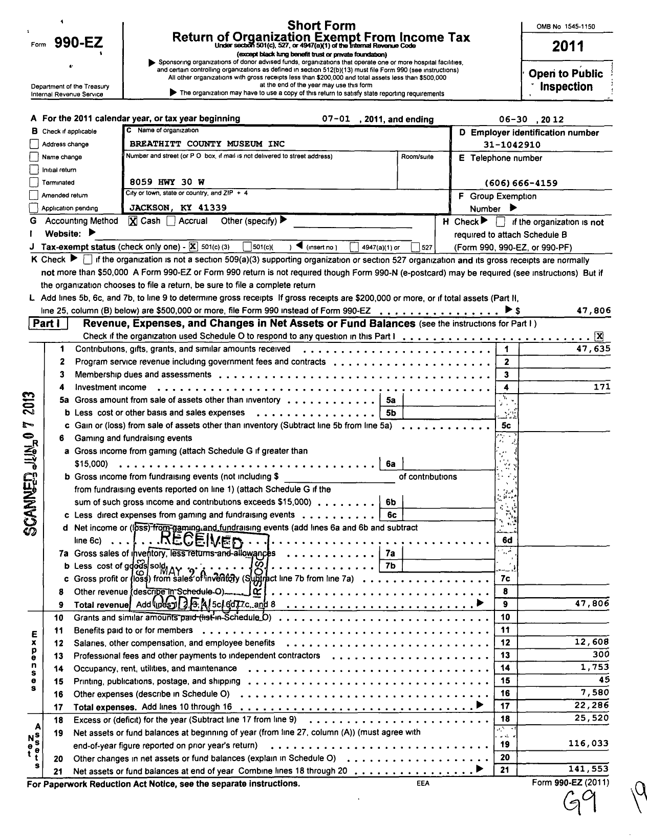 Image of first page of 2011 Form 990EZ for Breathitt County Museum