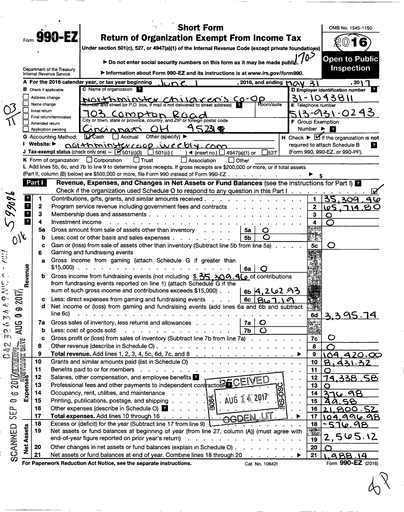 Image of first page of 2016 Form 990EZ for Northminster Preschool