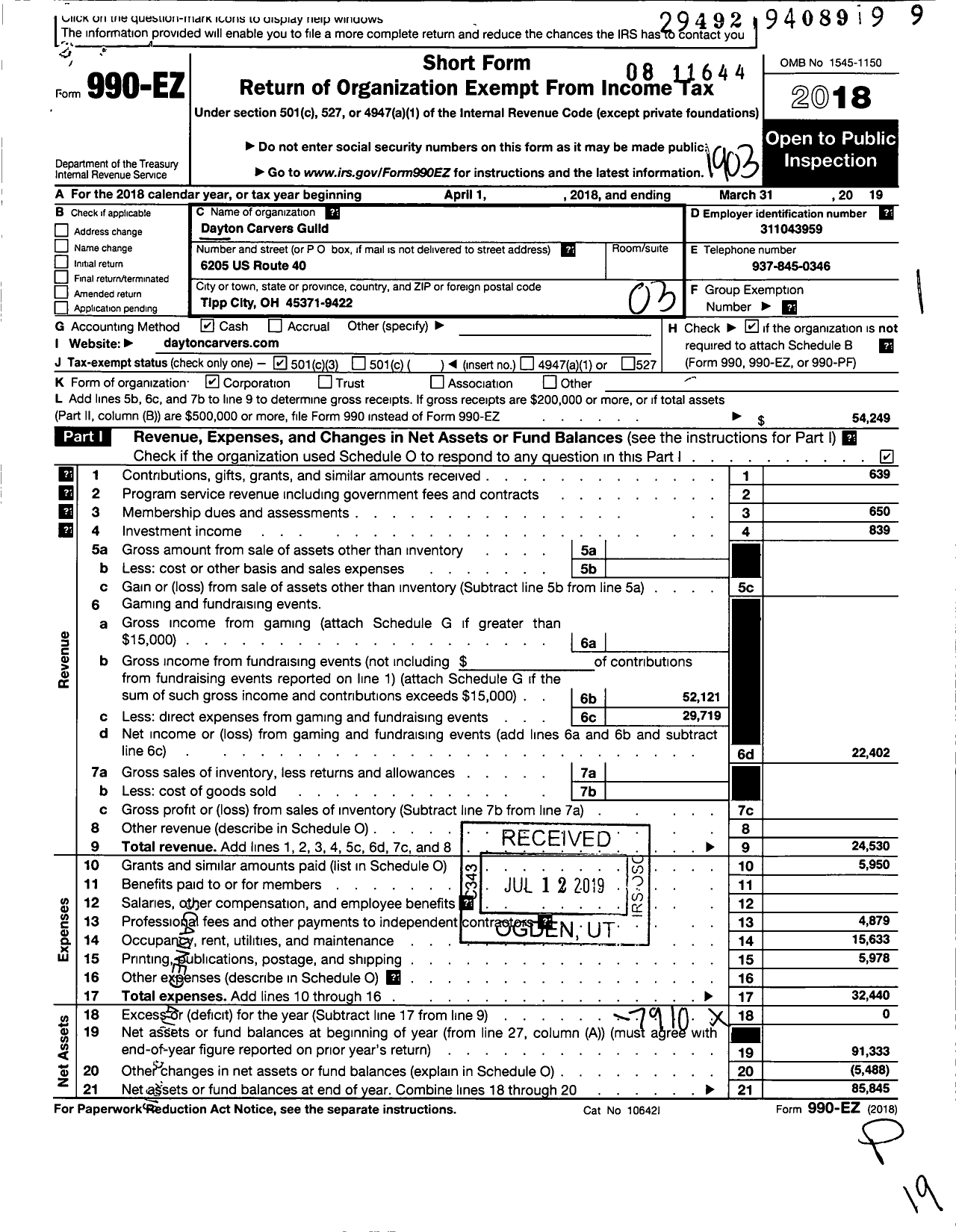 Image of first page of 2018 Form 990EZ for The Dayton Carvers Guild