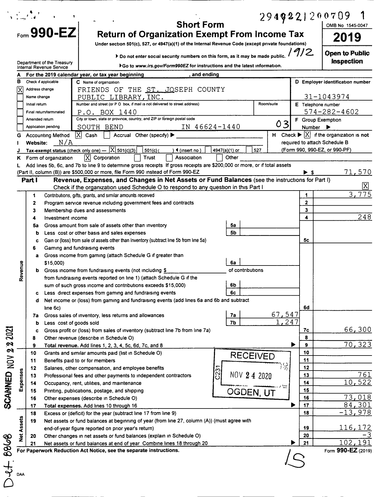 Image of first page of 2019 Form 990EZ for Friends of the St Joseph County Public Library