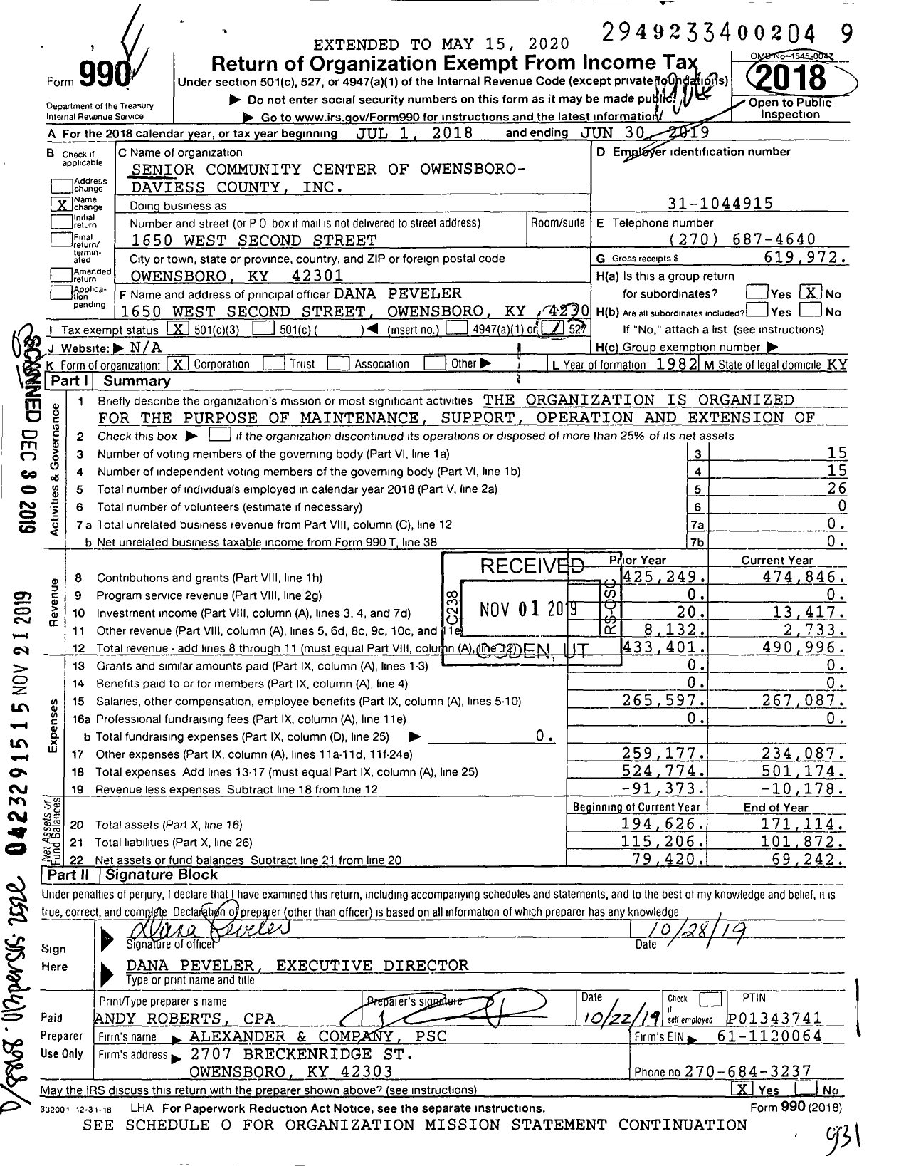 Image of first page of 2018 Form 990 for Senior Community Center of Owensboro- Daviess County