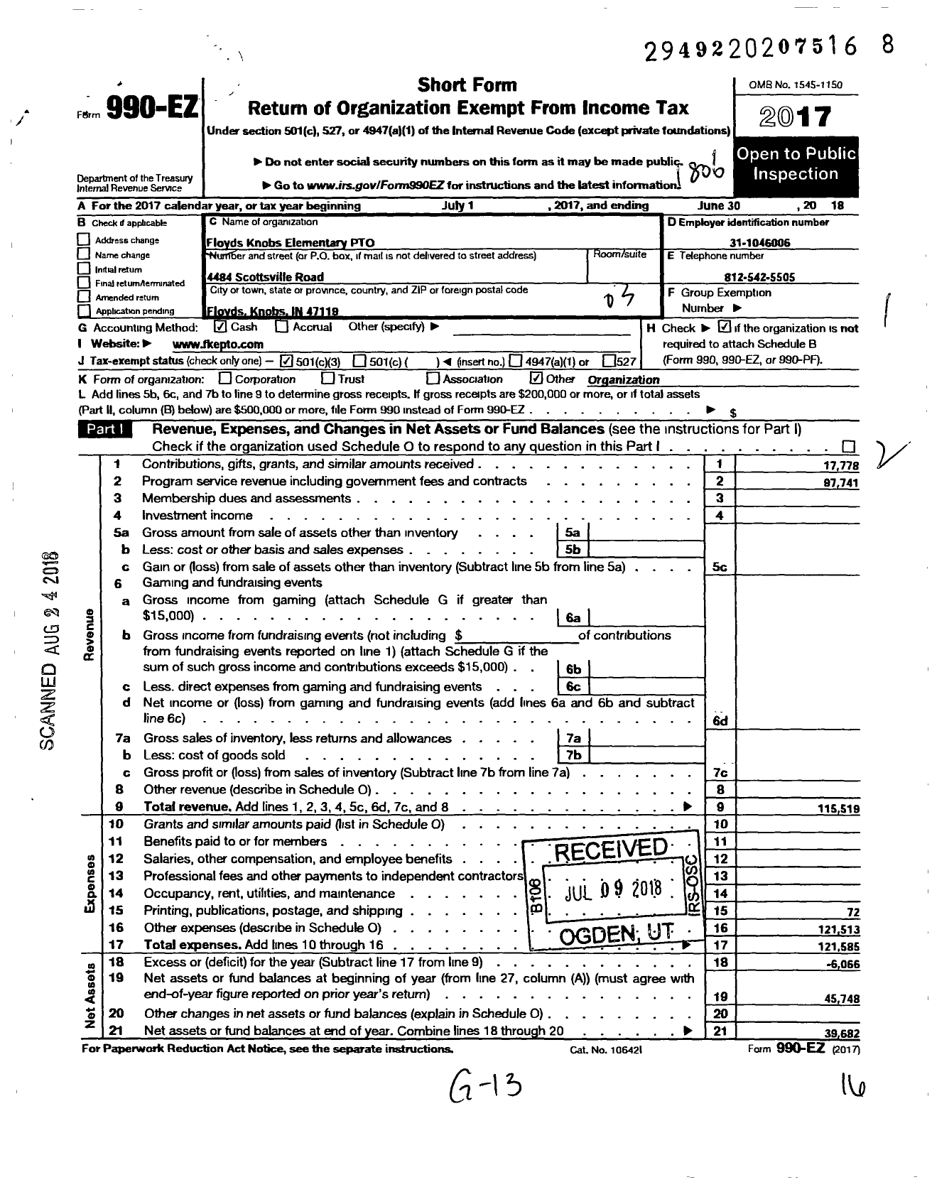 Image of first page of 2017 Form 990EZ for Floyds Knobs Elementary Pto