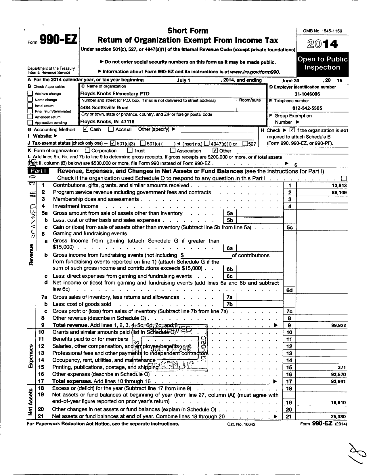 Image of first page of 2014 Form 990EZ for Floyds Knobs Elementary Pto