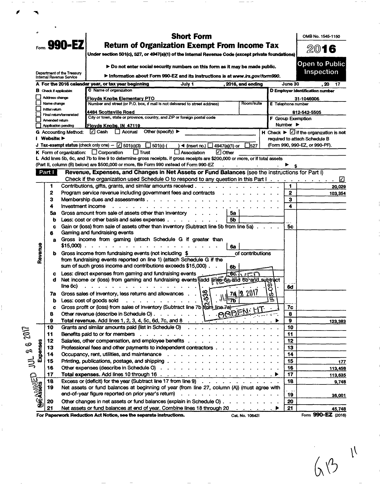 Image of first page of 2016 Form 990EZ for Floyds Knobs Elementary Pto