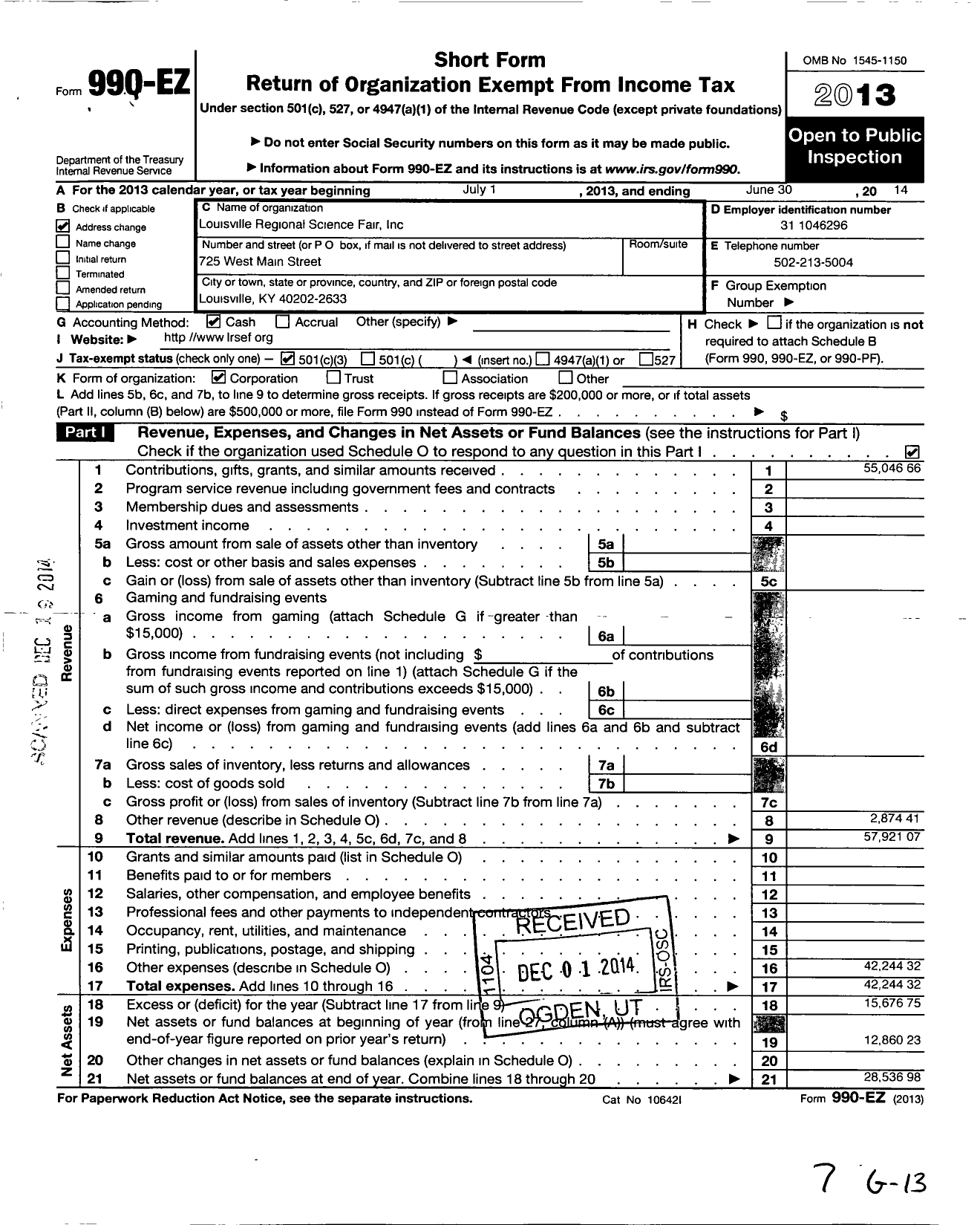 Image of first page of 2013 Form 990EZ for Louisville Regional Science and Engineering Fair