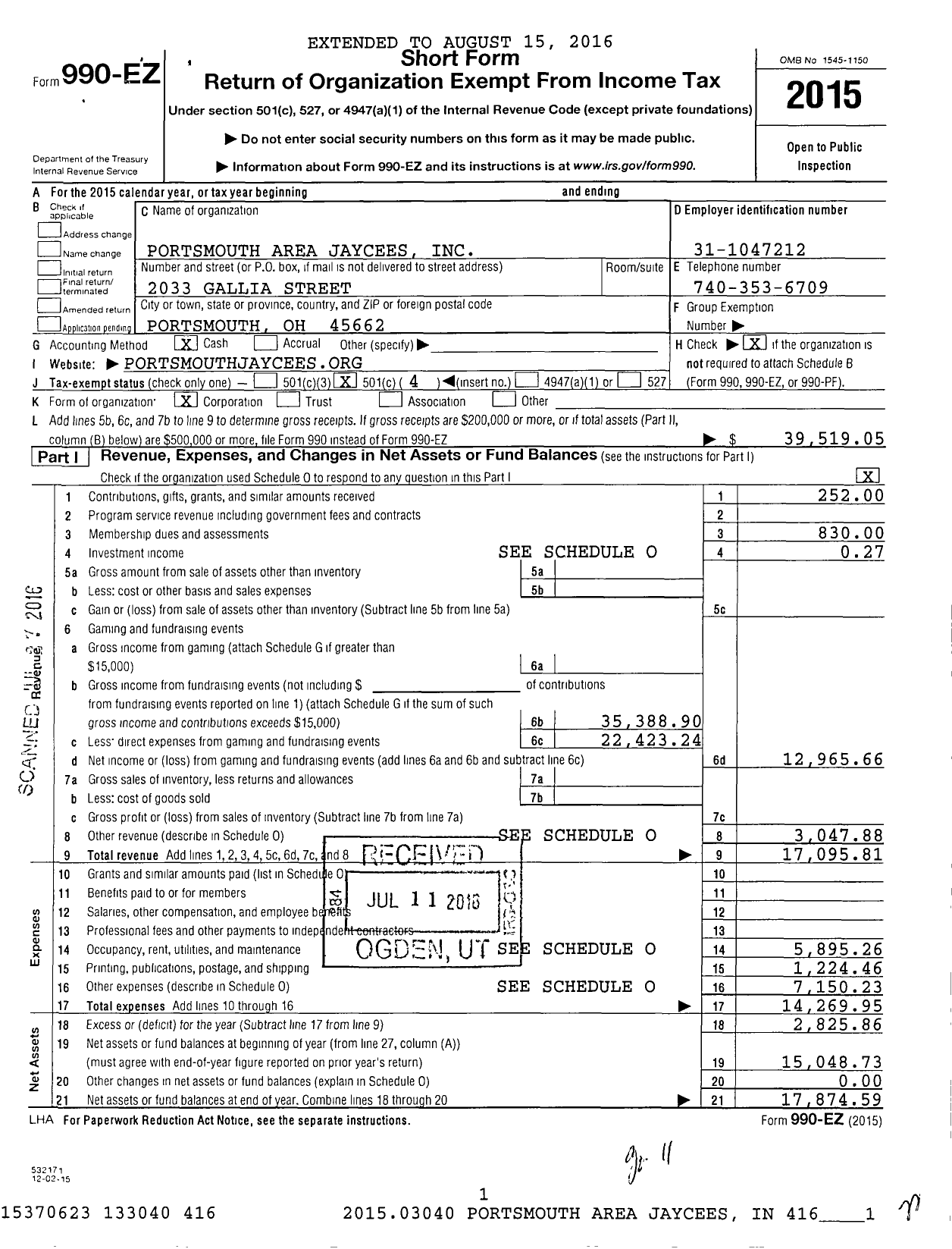 Image of first page of 2015 Form 990EO for United States Junior Chamber of Commerce / Portsmouth Jaycees Inc