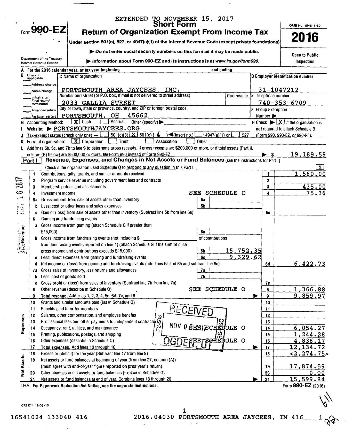 Image of first page of 2016 Form 990EO for United States Junior Chamber of Commerce / Portsmouth Jaycees Inc