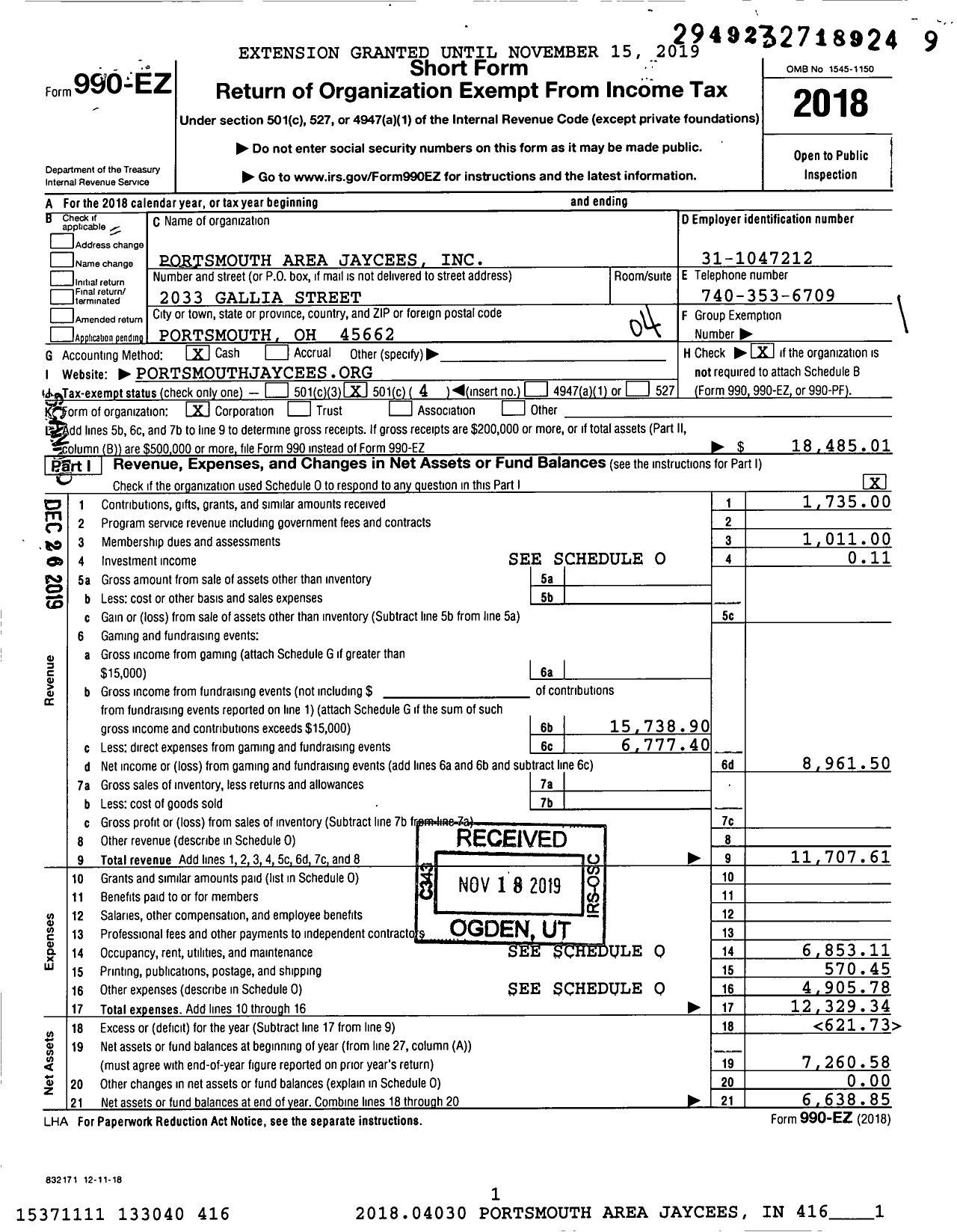 Image of first page of 2018 Form 990EO for United States Junior Chamber of Commerce / Portsmouth Jaycees Inc