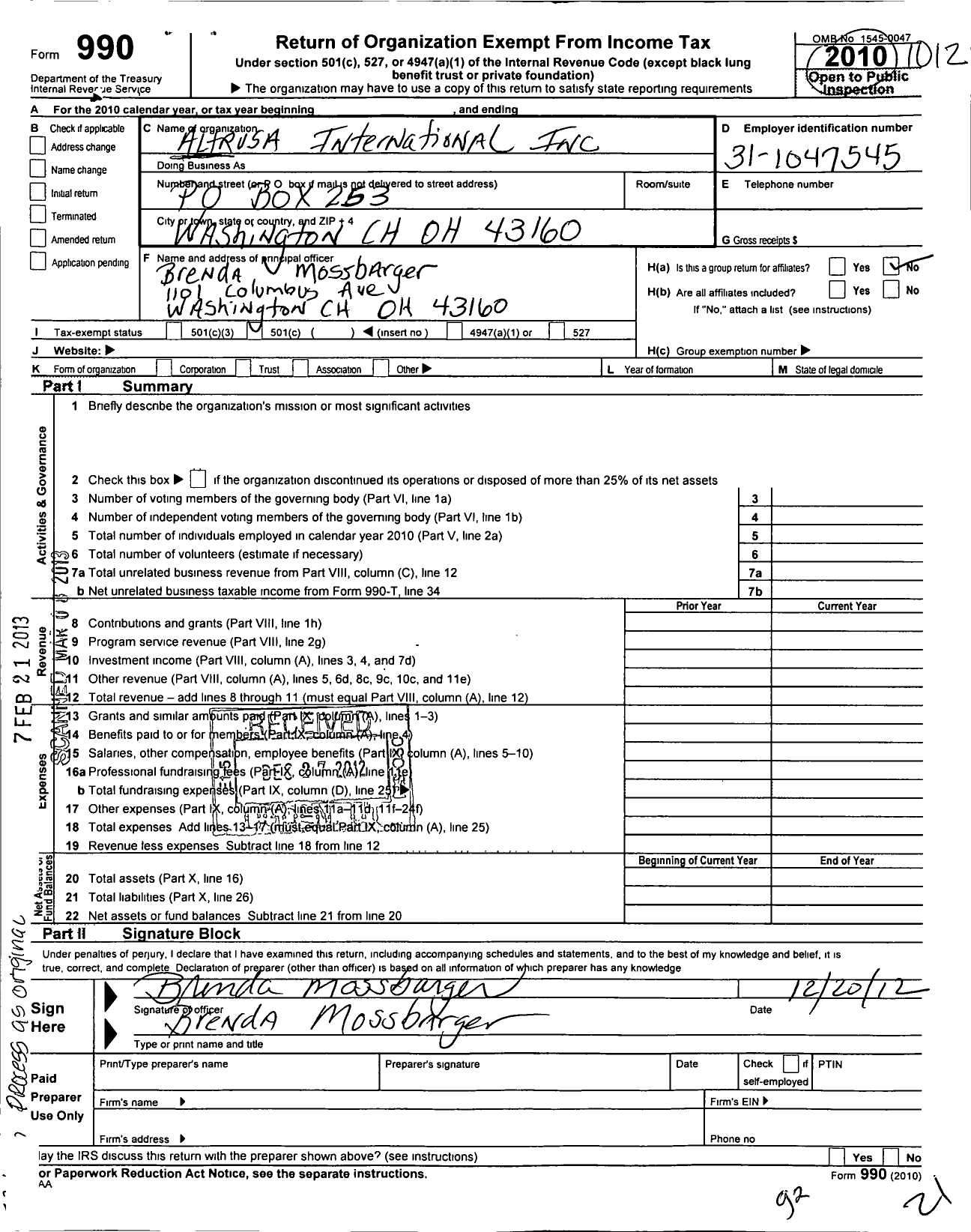 Image of first page of 2010 Form 990O for Altrusa International / Washington Court House