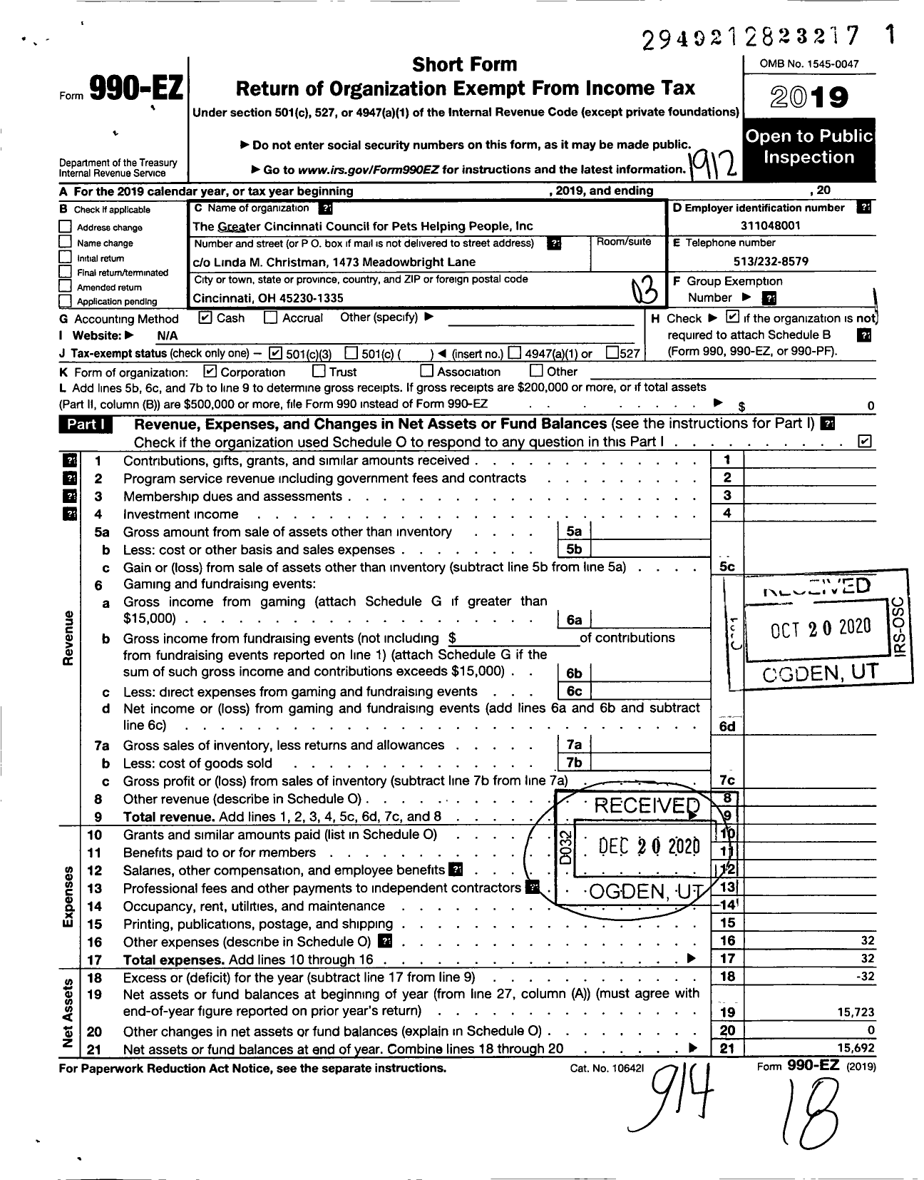 Image of first page of 2019 Form 990EZ for Greater Cincinnati Council for Pets Helping People