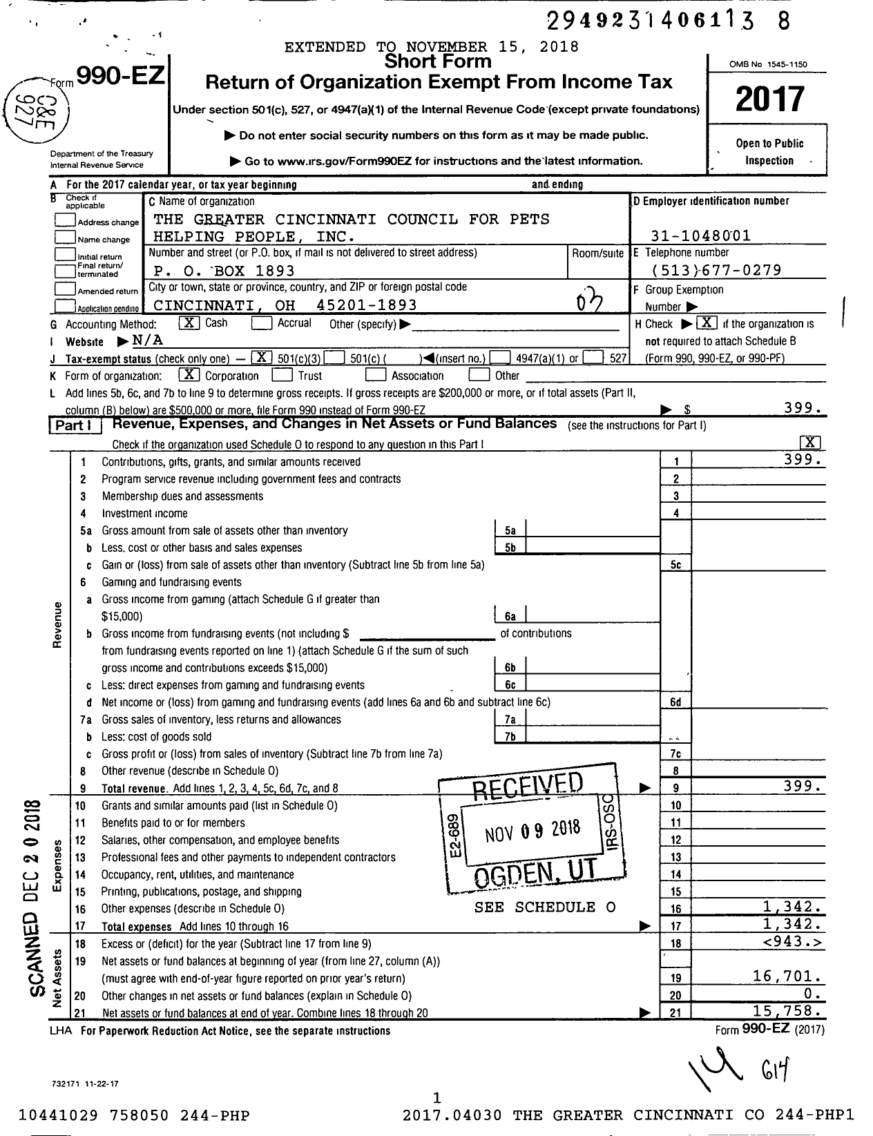 Image of first page of 2017 Form 990EZ for Greater Cincinnati Council for Pets Helping People