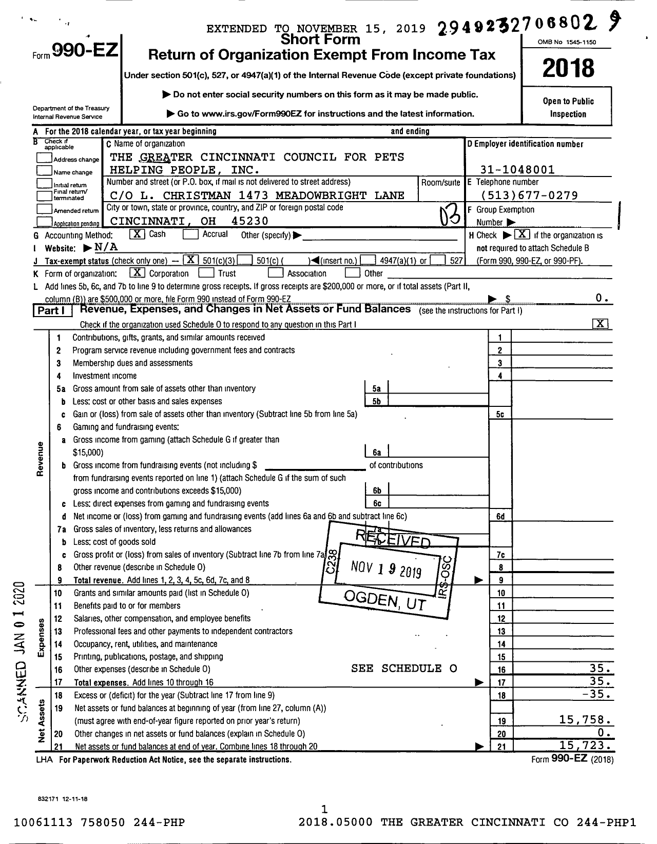 Image of first page of 2018 Form 990EZ for Greater Cincinnati Council for Pets Helping People