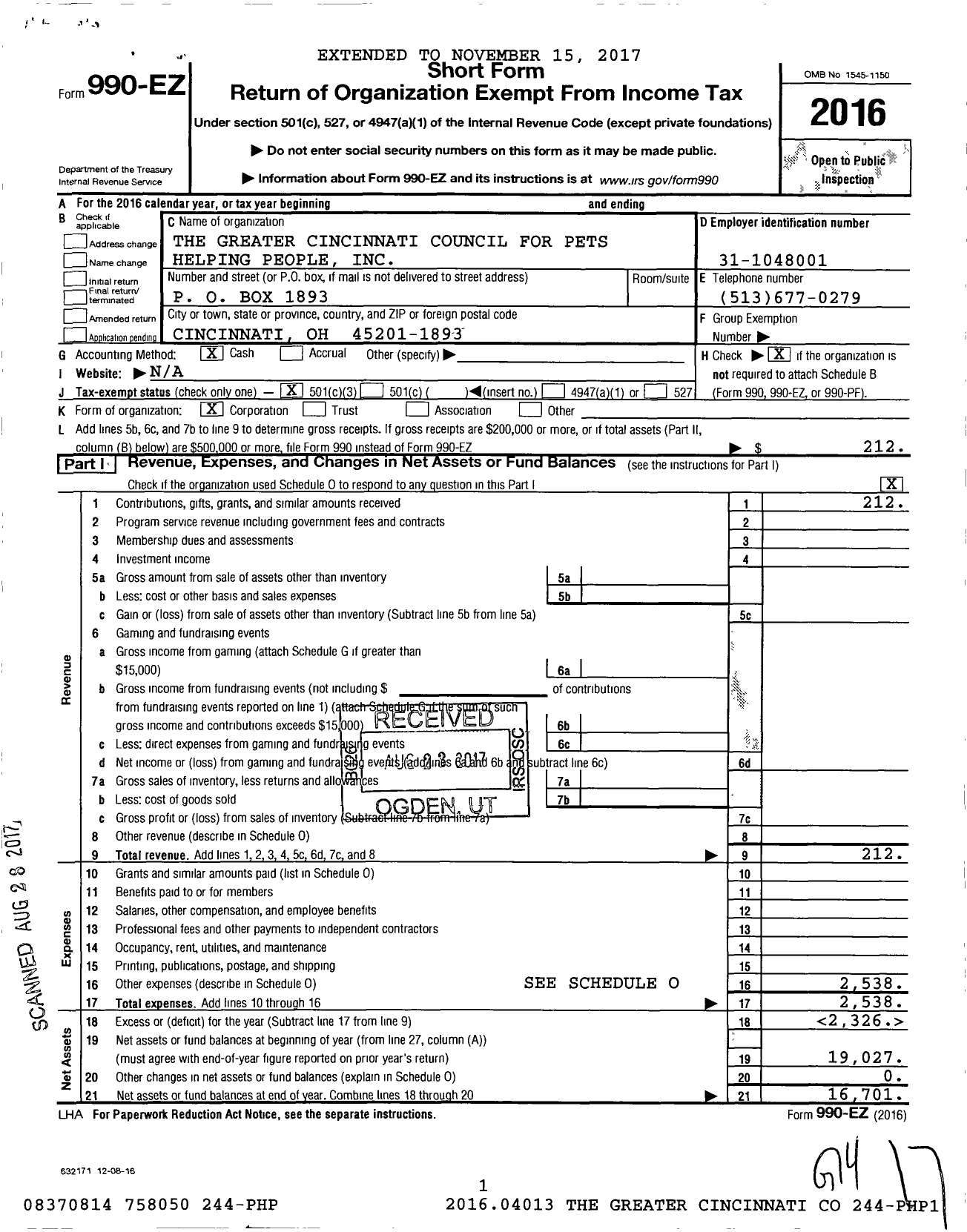 Image of first page of 2016 Form 990EZ for Greater Cincinnati Council for Pets Helping People