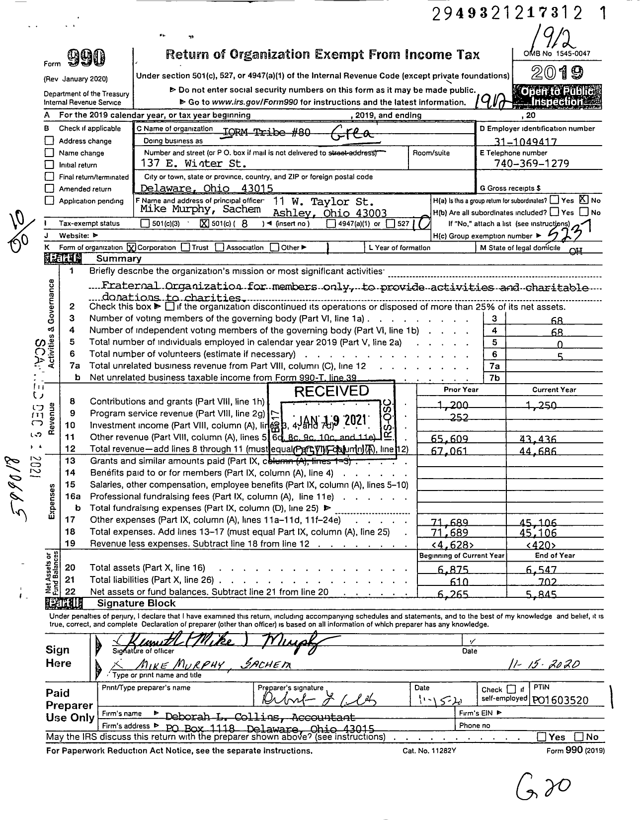 Image of first page of 2019 Form 990O for Great Council of Ohio Improved Order of Red Men - 80 Mingo Tribe