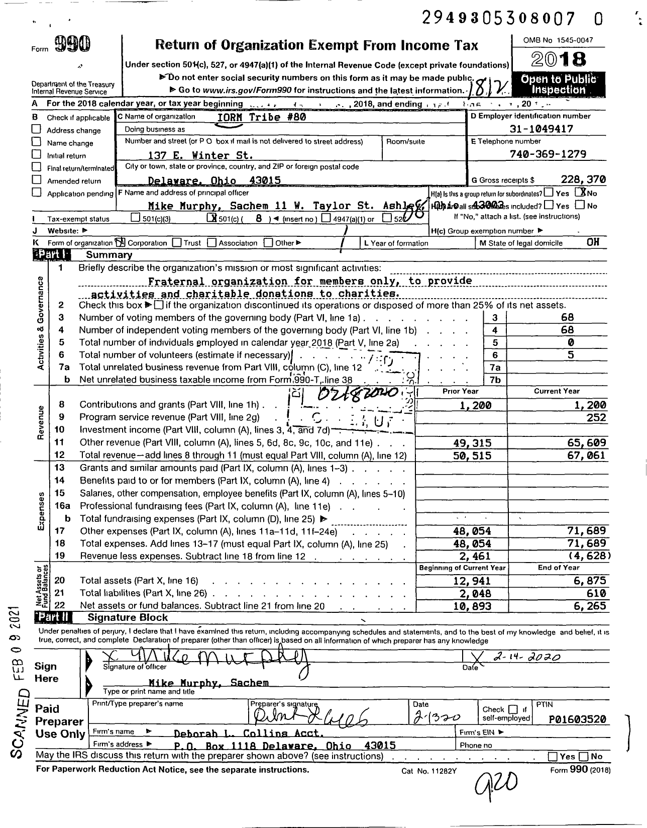 Image of first page of 2018 Form 990O for Great Council of Ohio Improved Order of Red Men - 80 Mingo Tribe