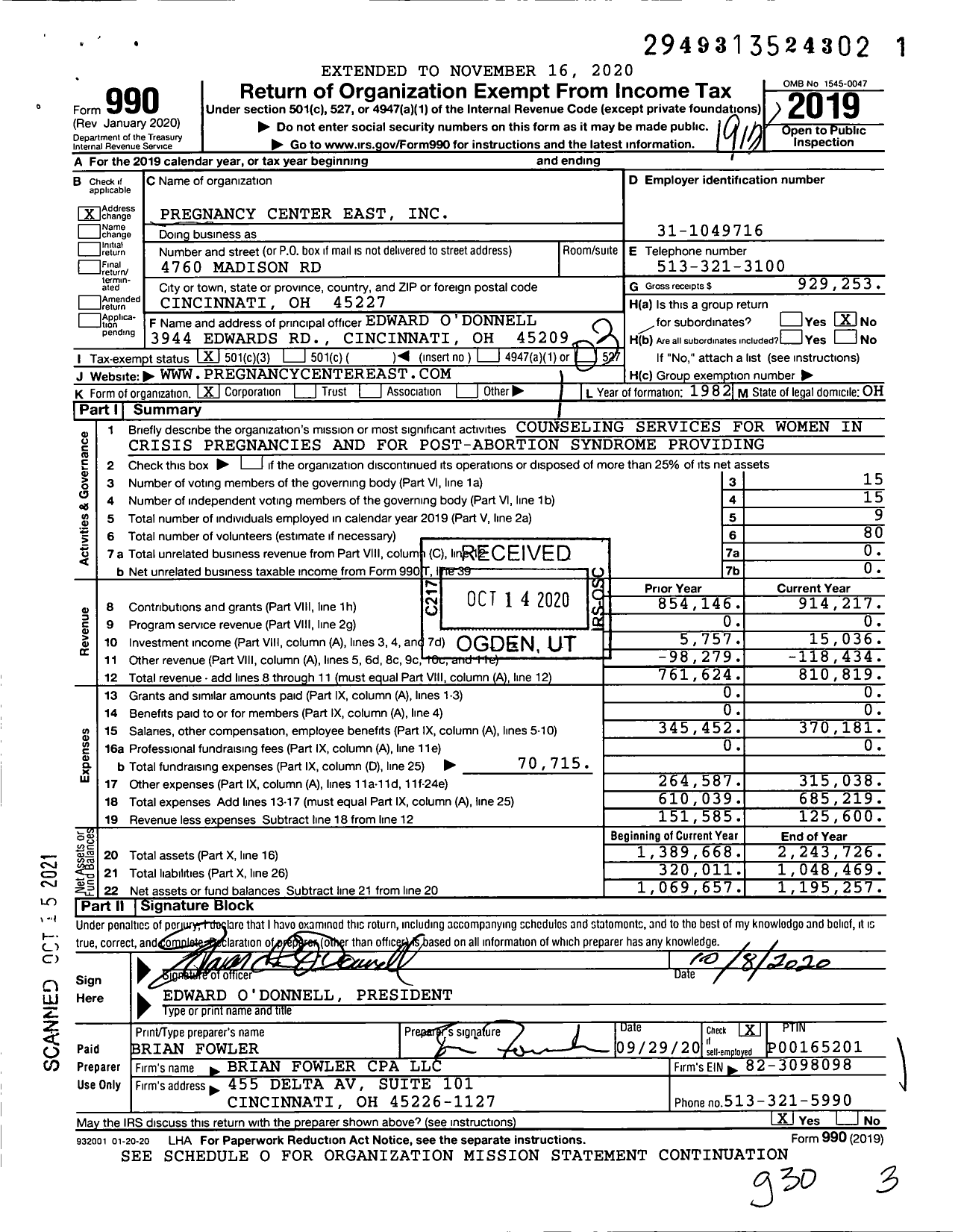 Image of first page of 2019 Form 990 for Pregnancy Center Plus