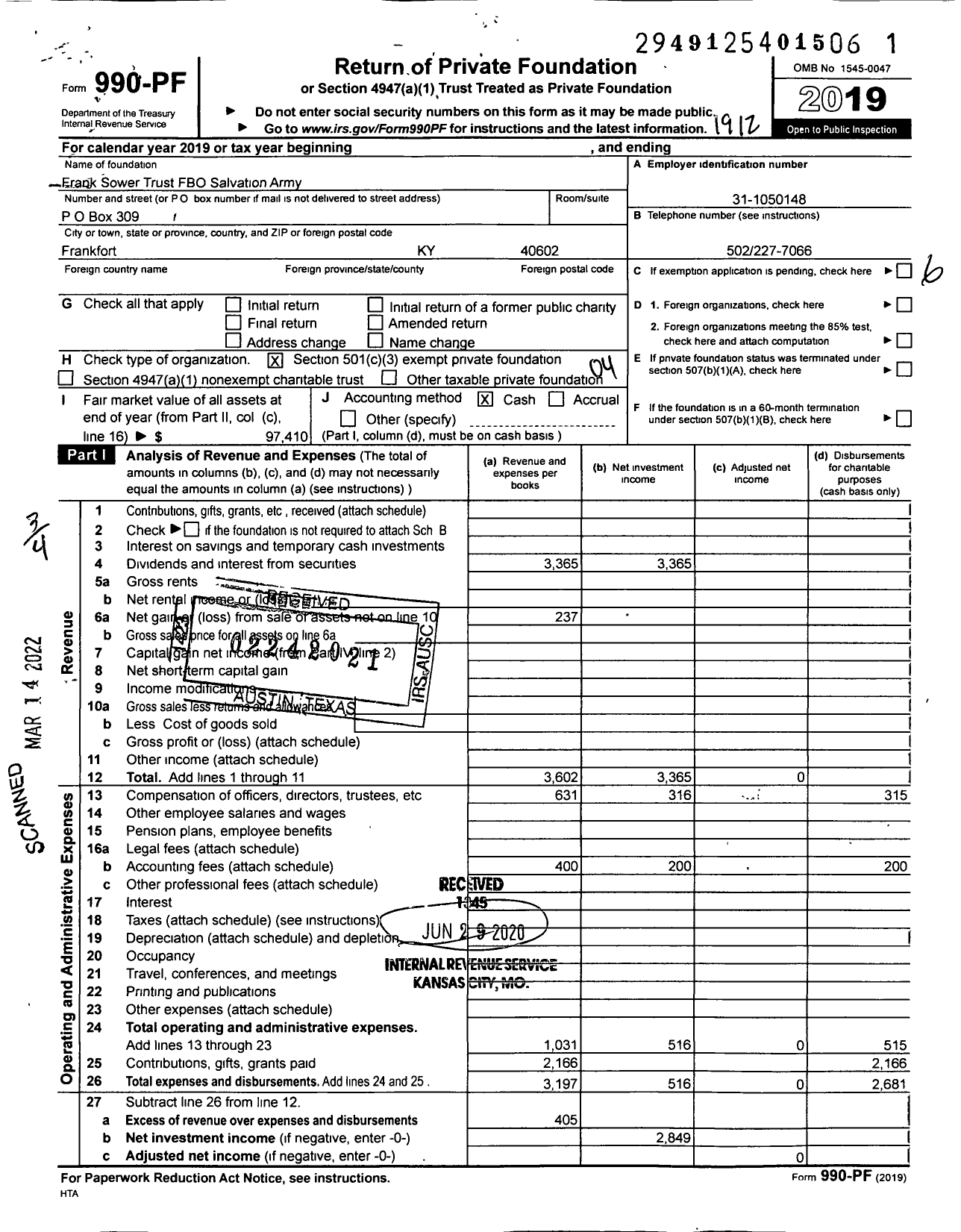 Image of first page of 2019 Form 990PF for Frank Sower Trust FBO Salvation Army