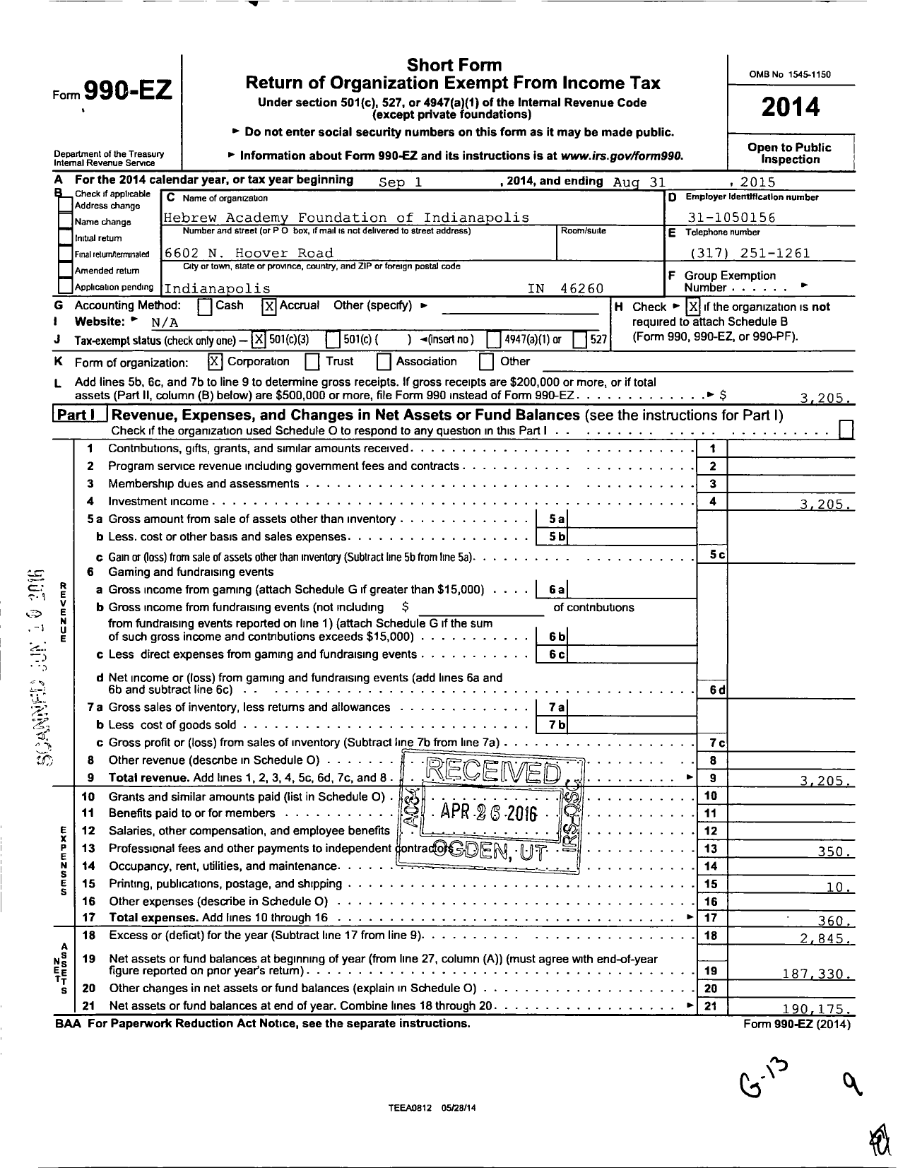 Image of first page of 2014 Form 990EZ for Hebrew Academy Foundation of Indianapolis